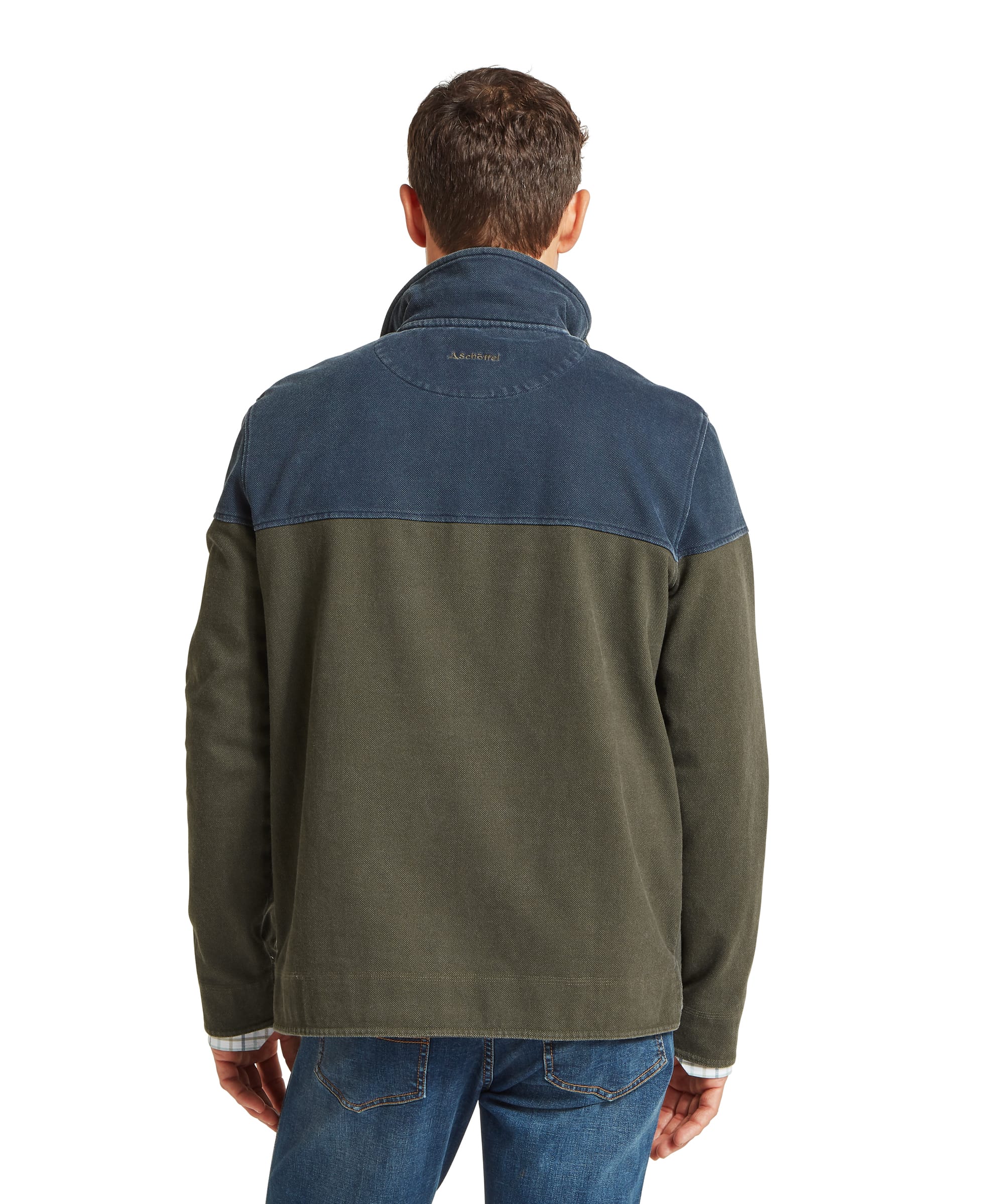 Schöffel Men's Helford Heritage Sweatshirt in green and navy, rear view showing two-tone colour block construction with Schöffel gold embroidered logo at back neck