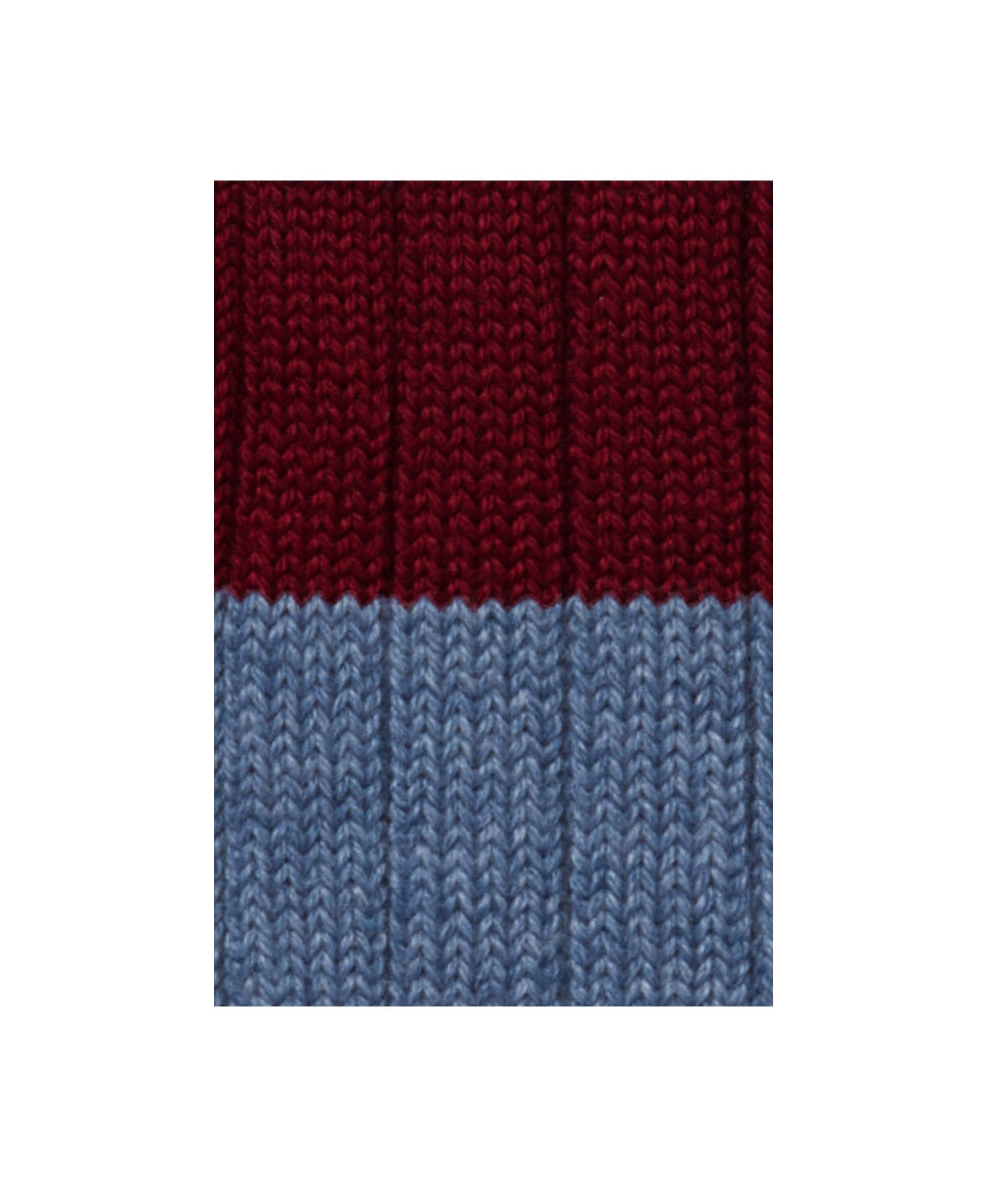 Close up of Schöffel men's Hilton rugby socks showing the burgundy and blue knitted stripes