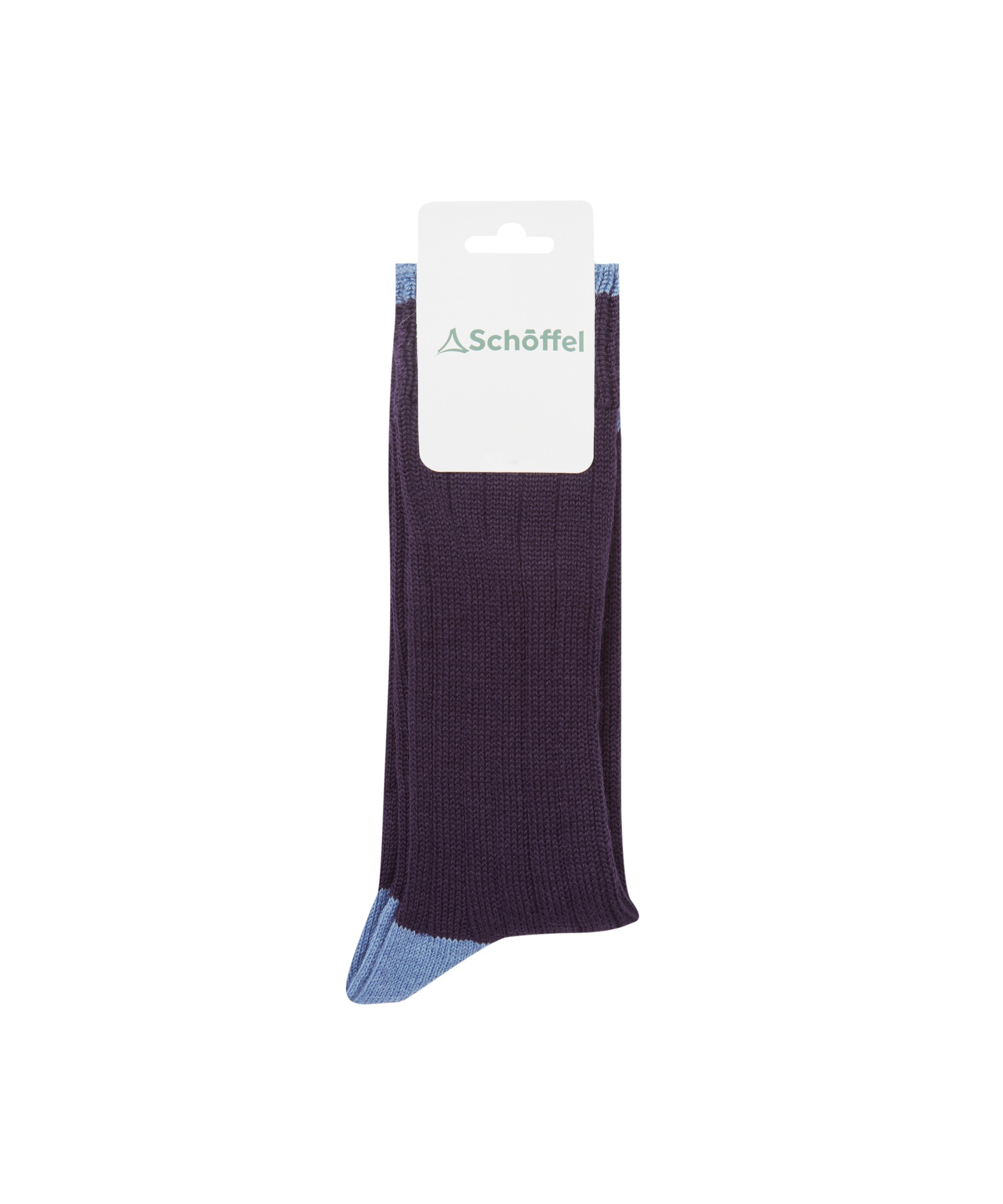Navy sock with blue heel and toe on a white background