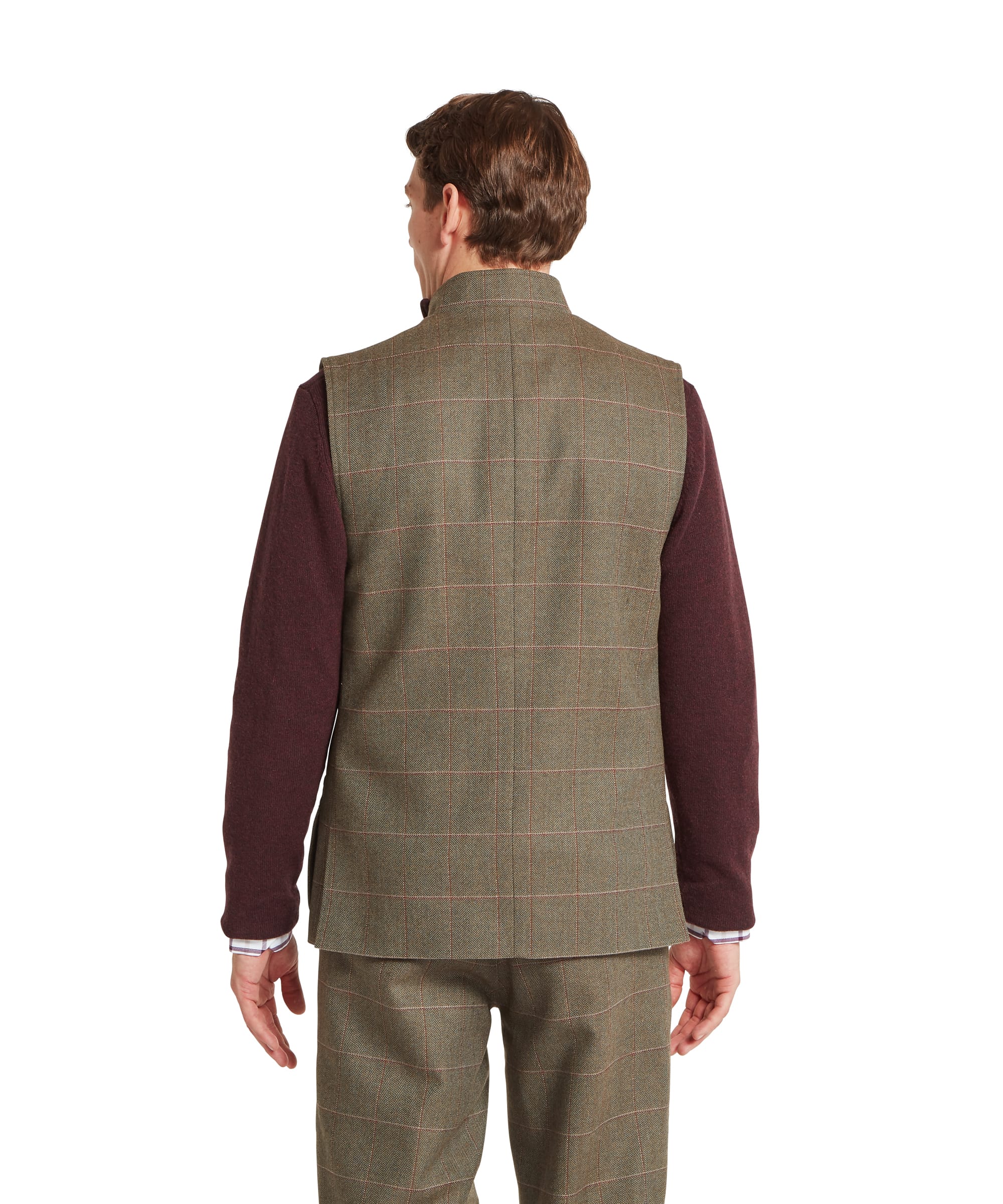 Schöffel Men's Holcot Tweed Waistcoat in Lochlane Tweed, rear view showing clean back construction with matching tweed and subtle windowpane overcheck in red and blue