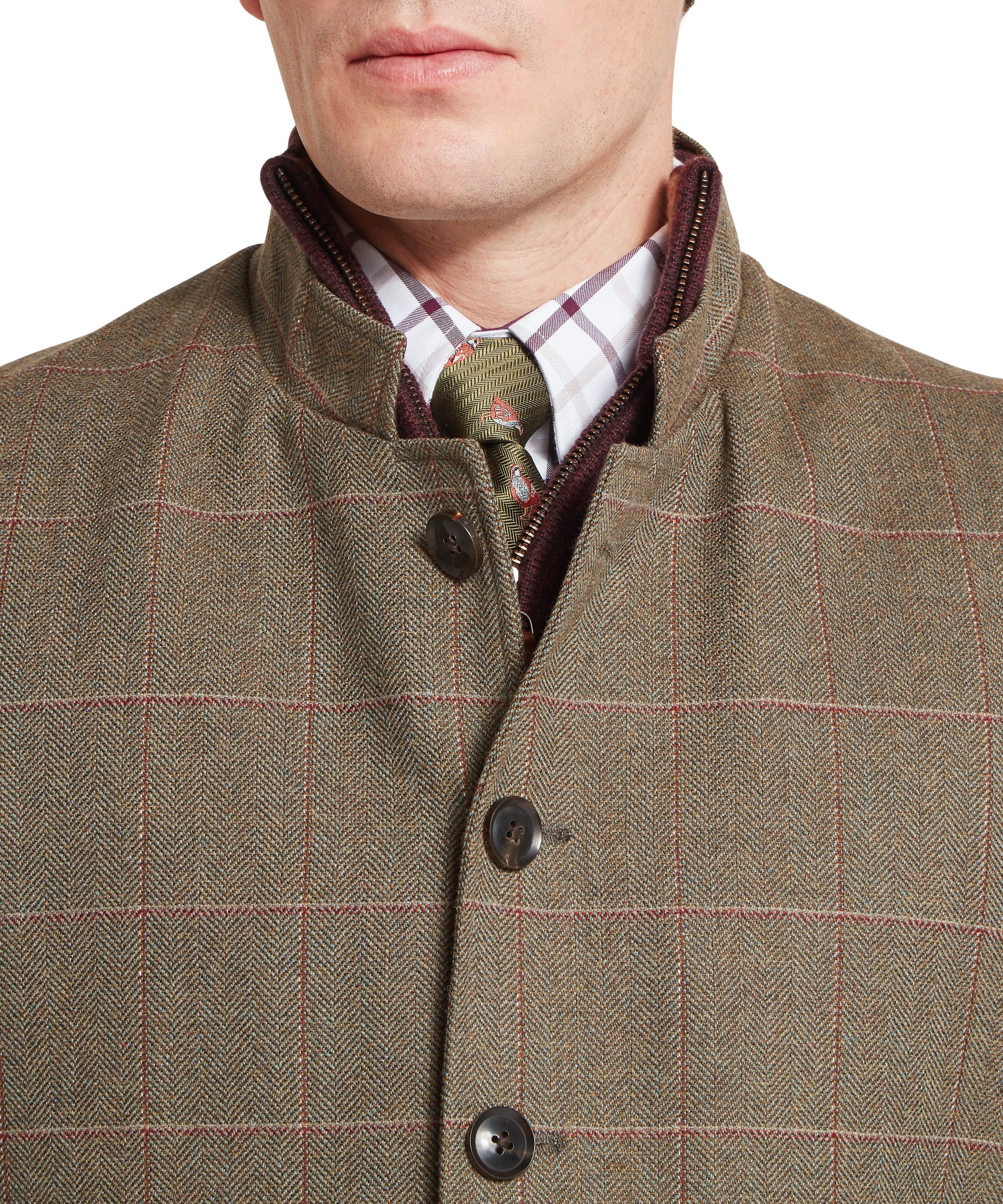 Close-up of Schöffel Men's Holcot Tweed Waistcoat collar in Lochlane Tweed showing stand collar construction, dark horn button front fastening and herringbone windowpane tweed fabric detail