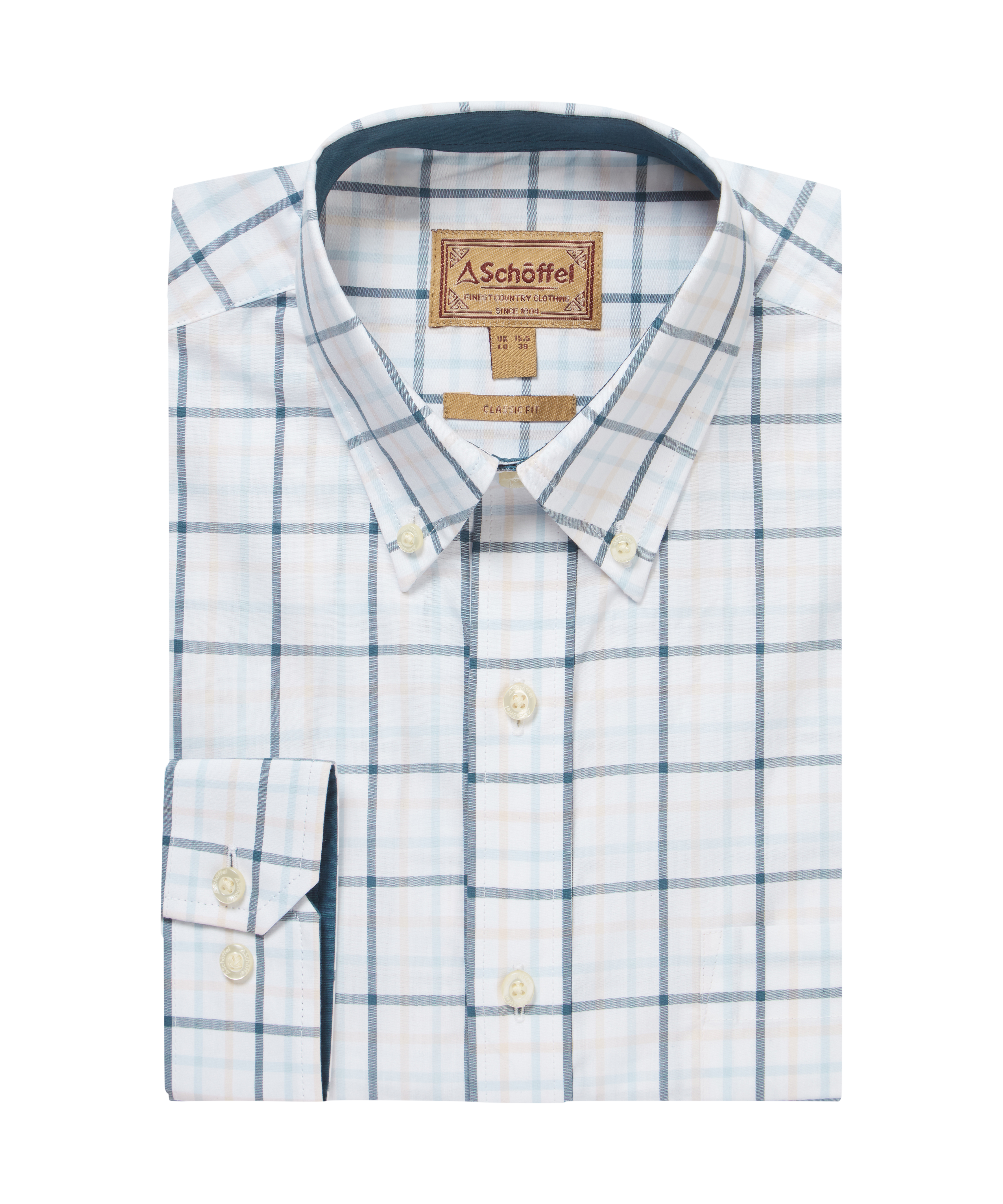 White and blue checked shirt folded  on a white background