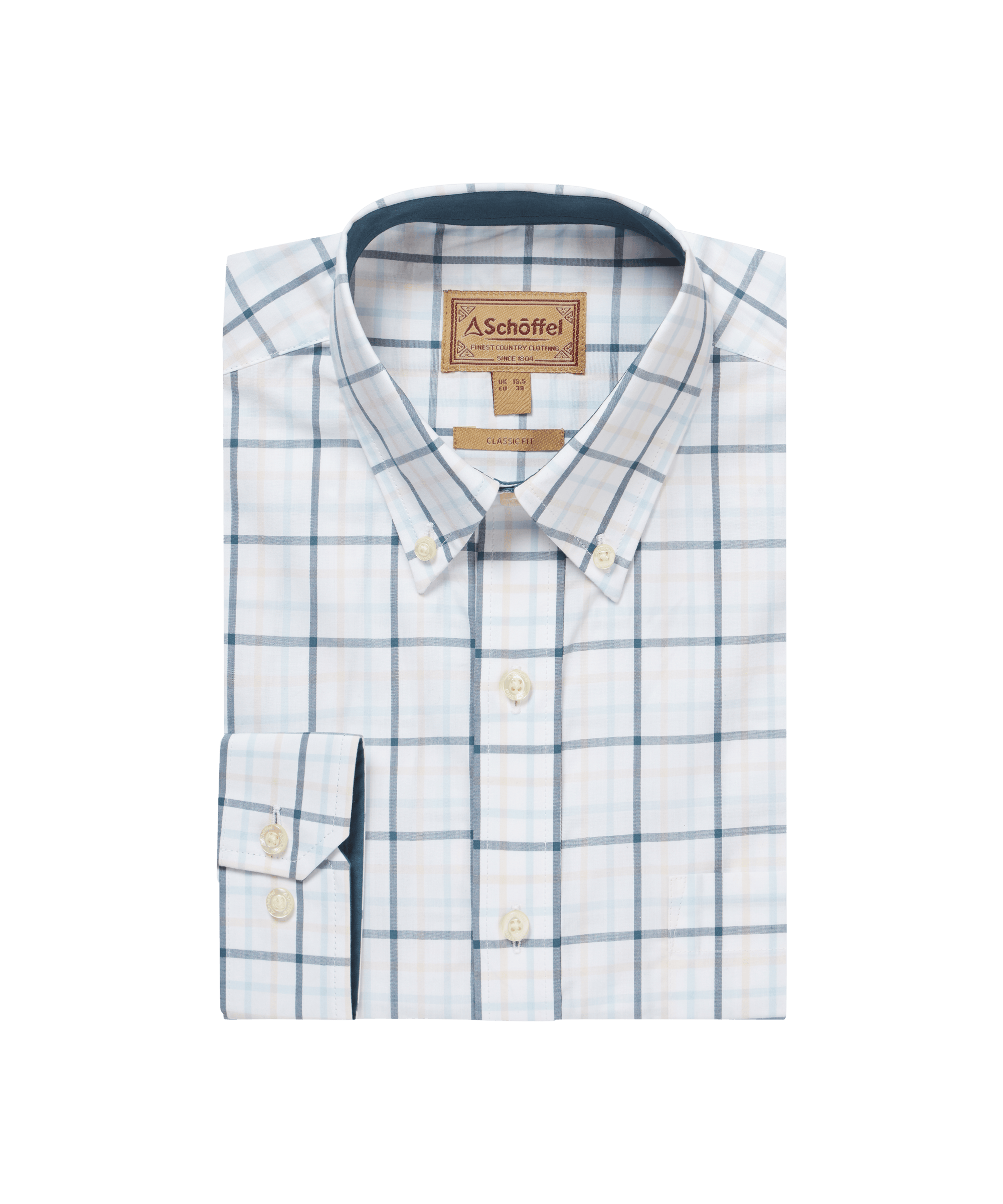 Folded checkered shirt with brand label on a clear background