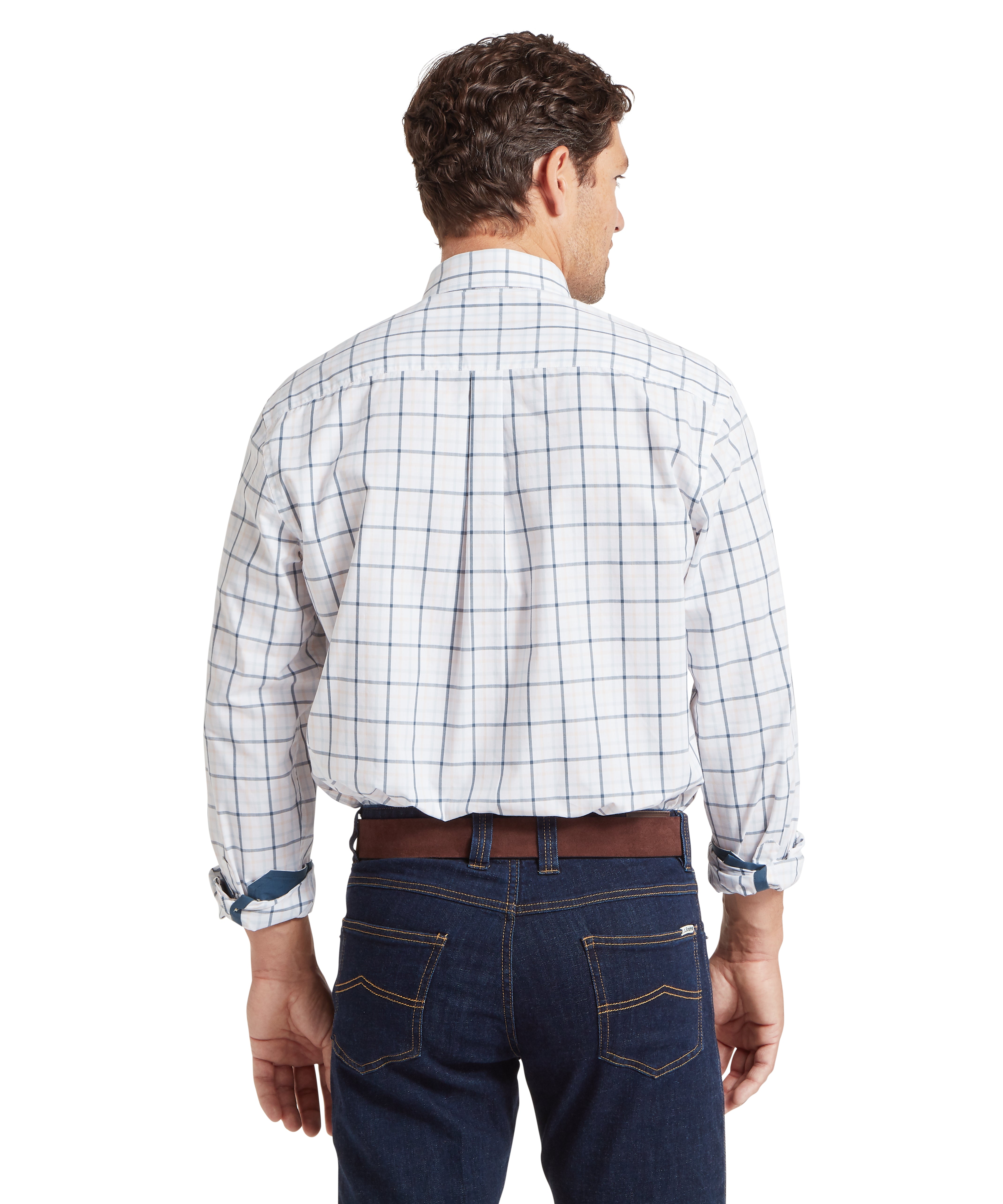 Man wearing a white checkered shirt and blue jeans on a white background