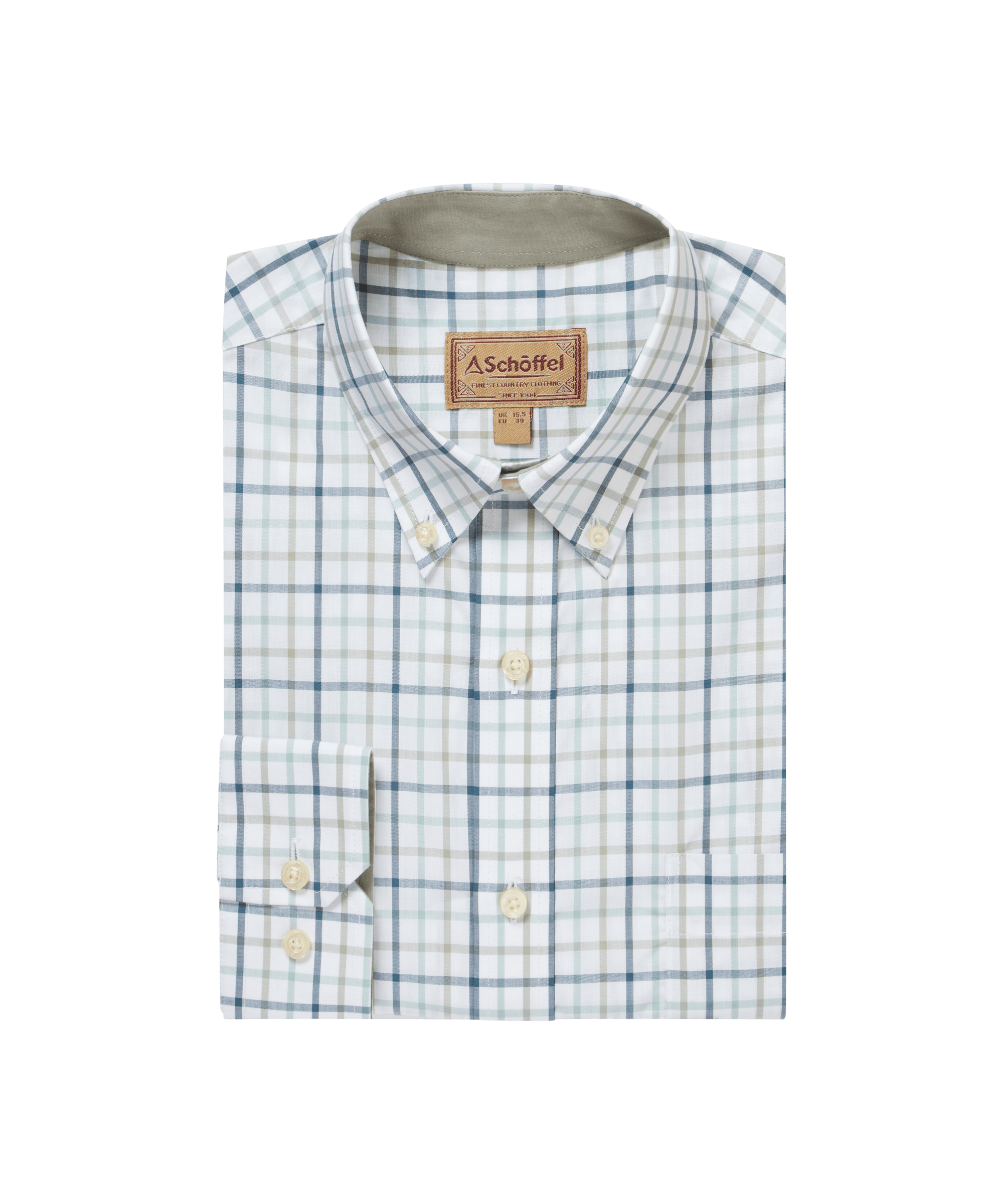 Checkered shirt with a brand label on a white background
