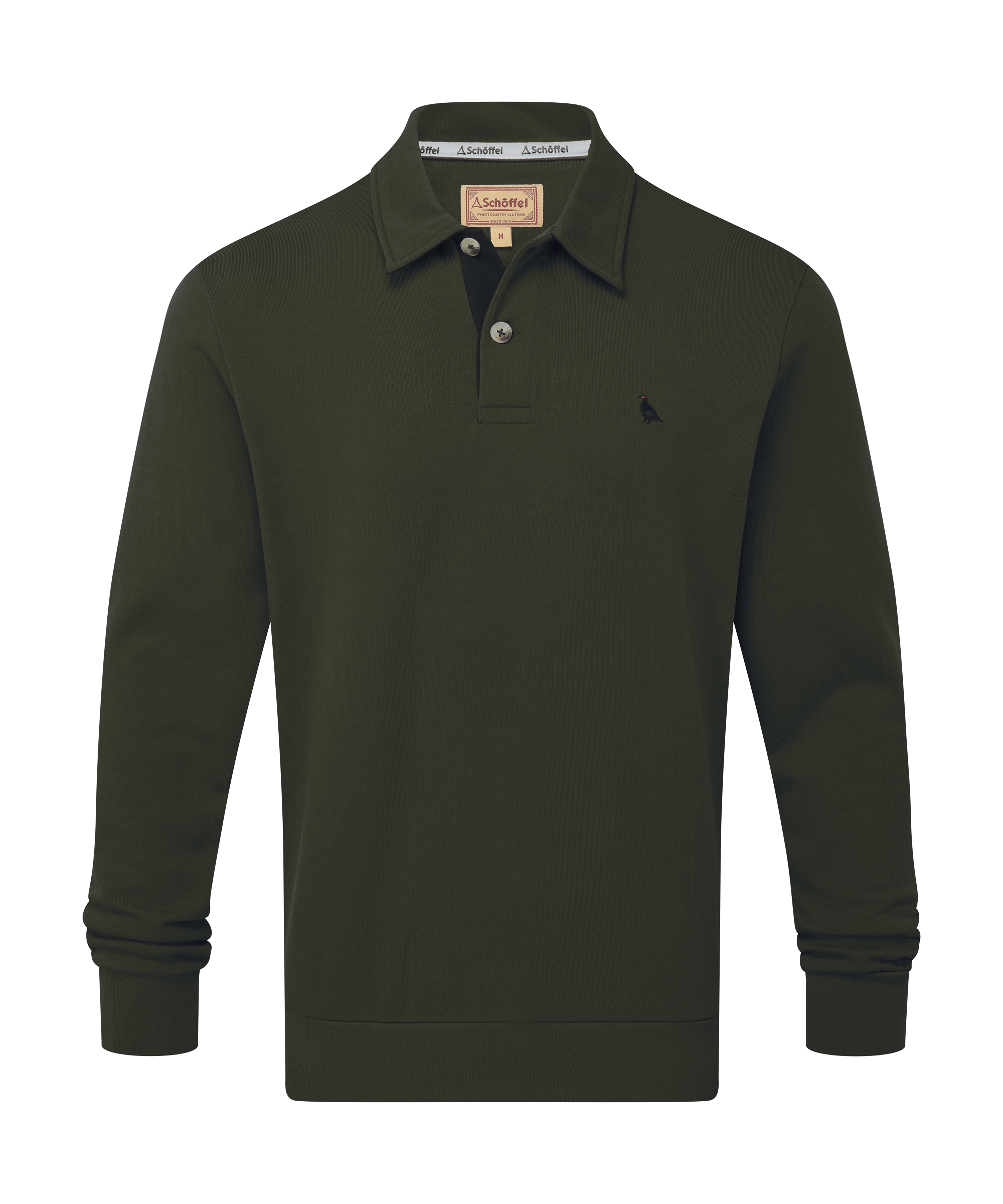 Schöffel men's polo collar jumper in dark forest green with a button placket and embroidered logo detail