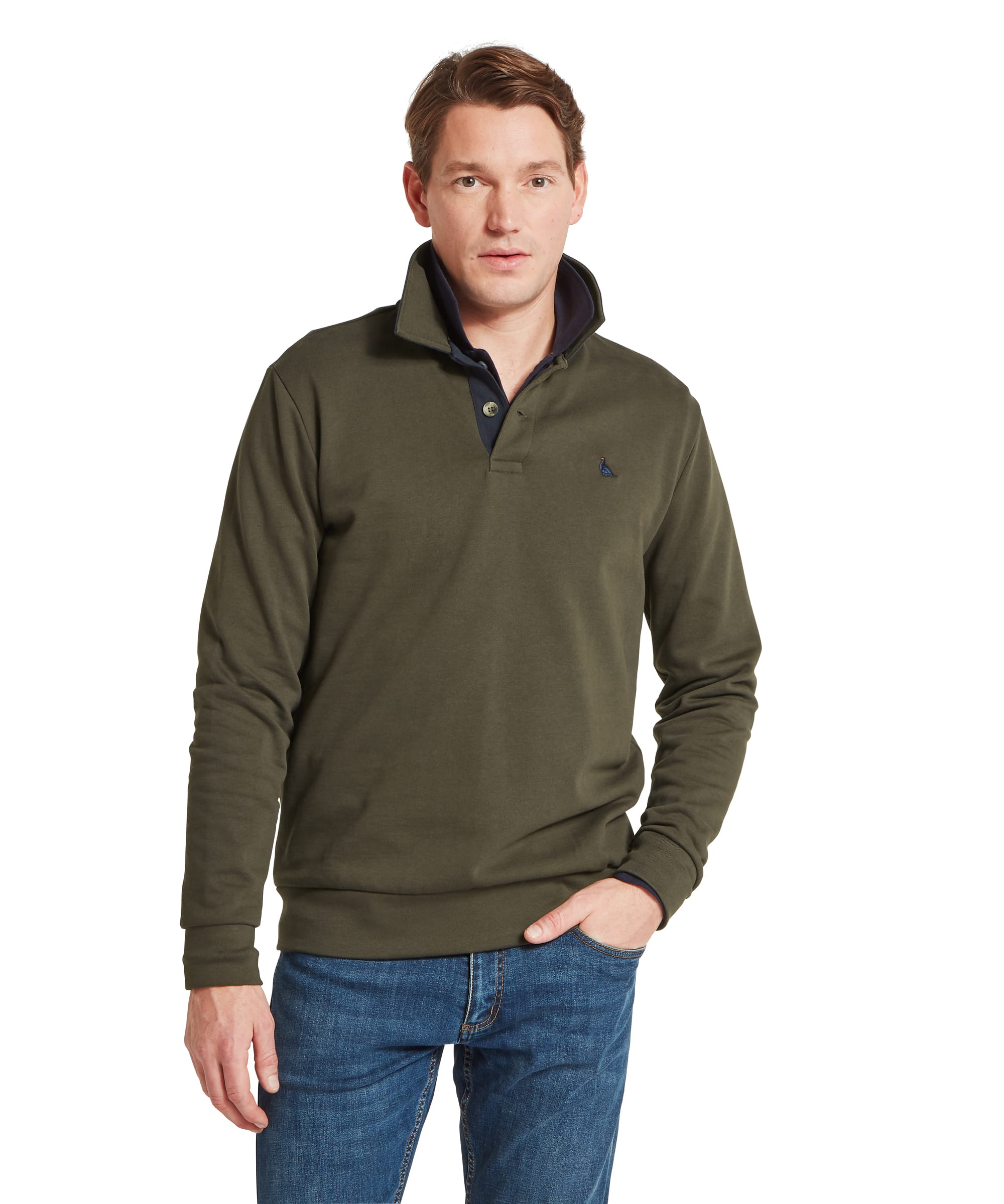 Schöffel Men's Horseley Rugby Sweatshirt in green, front view showing contrast navy rugby collar, single button fastening, embroidered pheasant logo and relaxed country fit