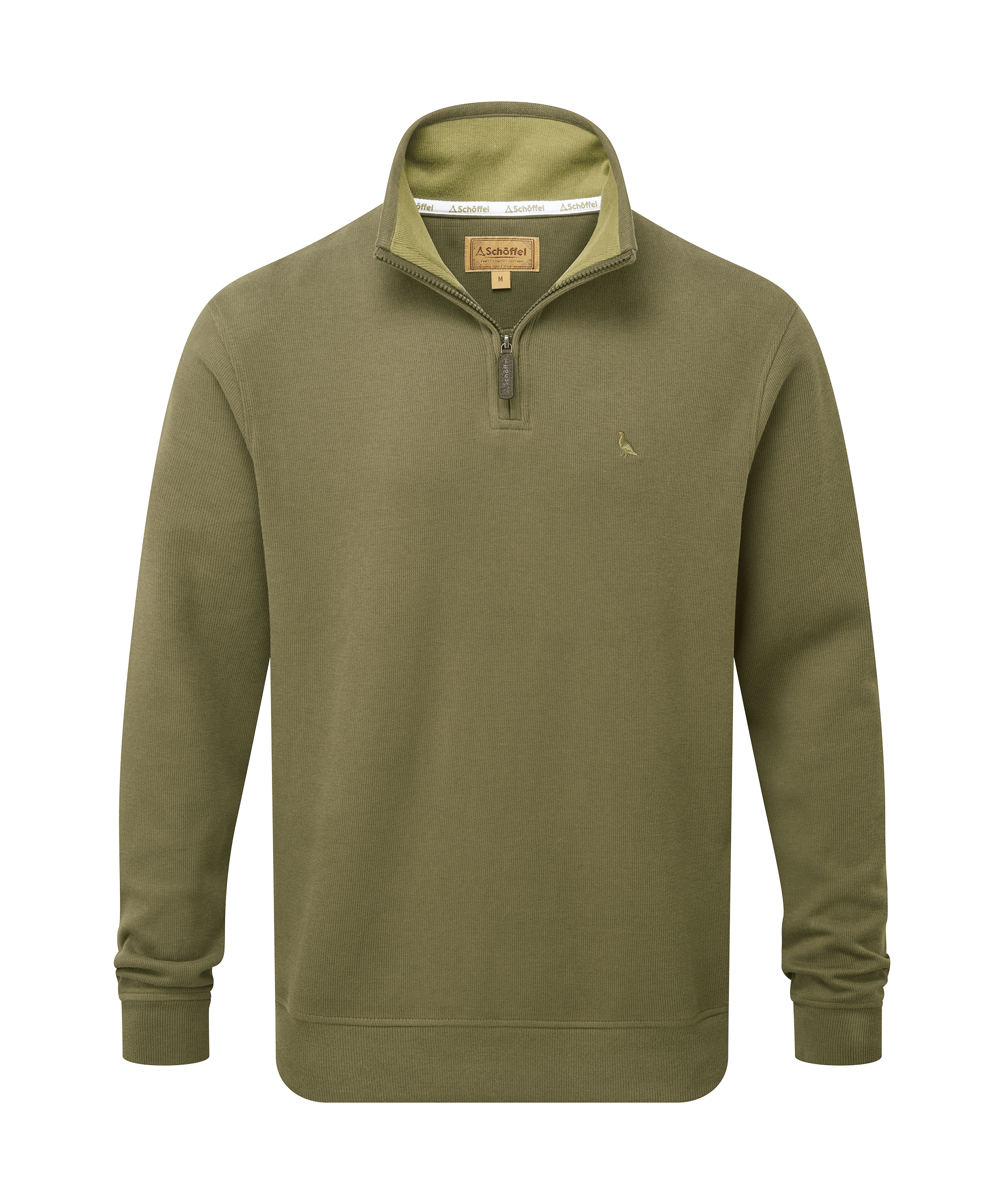 Schöffel men's textured half-zip sweater in olive green with a lime green contrast collar lining and branded patch label