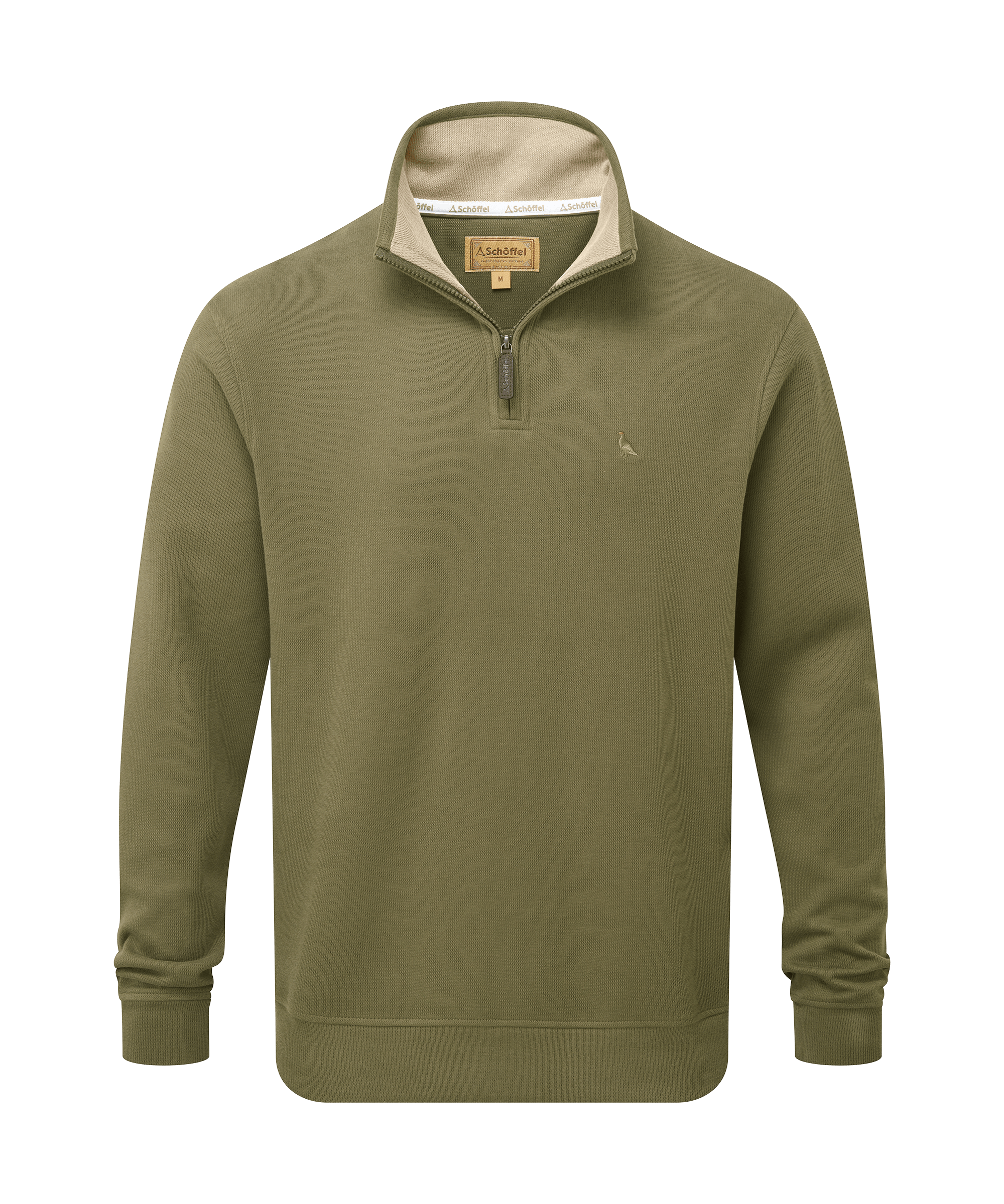 Schöffel men's textured half-zip sweater in olive green with a mushroom contrast collar lining and branded patch label