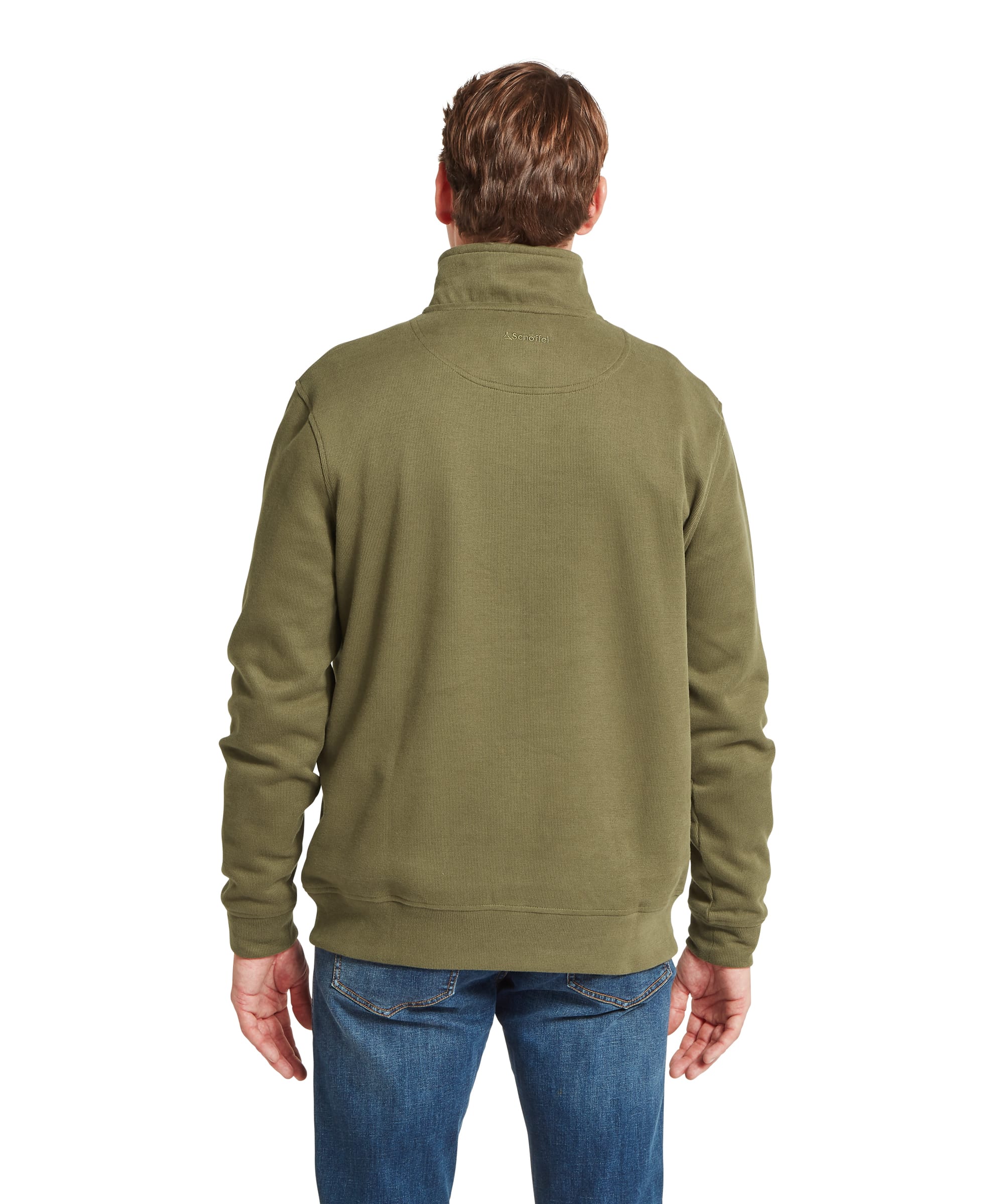 Schöffel Men's Kingsand Quarter-Zip Jumper in olive green, rear view showing clean construction with Schöffel embroidered logo at back neck and ribbed collar detail