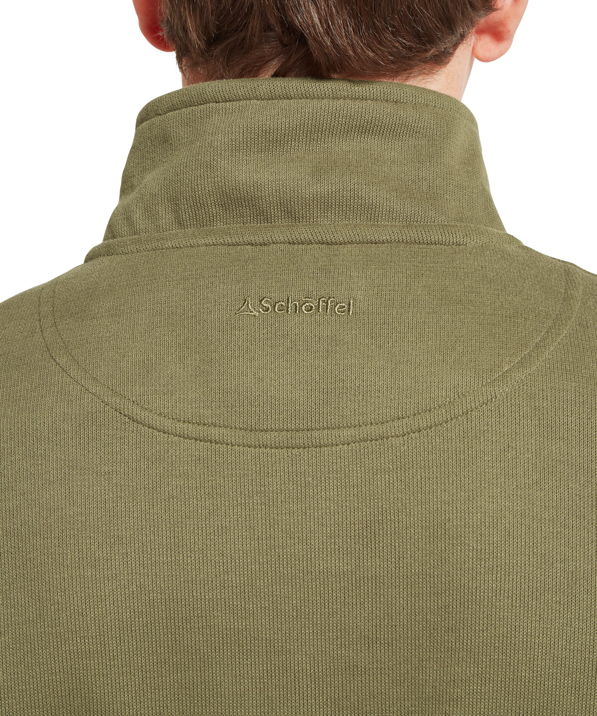 Close-up back neck detail of Schöffel Men's Kingsand Quarter-Zip Jumper in olive green showing tone-on-tone Schöffel logo embroidery and ribbed stand collar construction