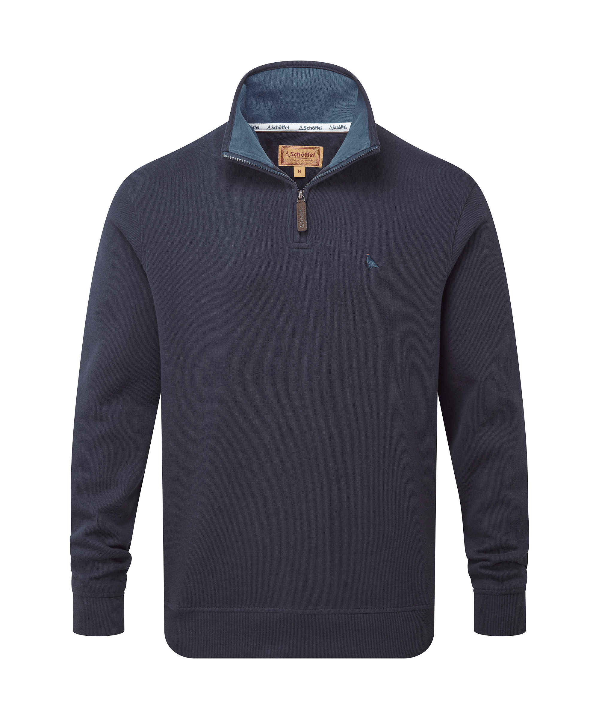 Schöffel men's textured half-zip sweater in navy with a teal contrast collar lining, leather zip pull and branded patch label