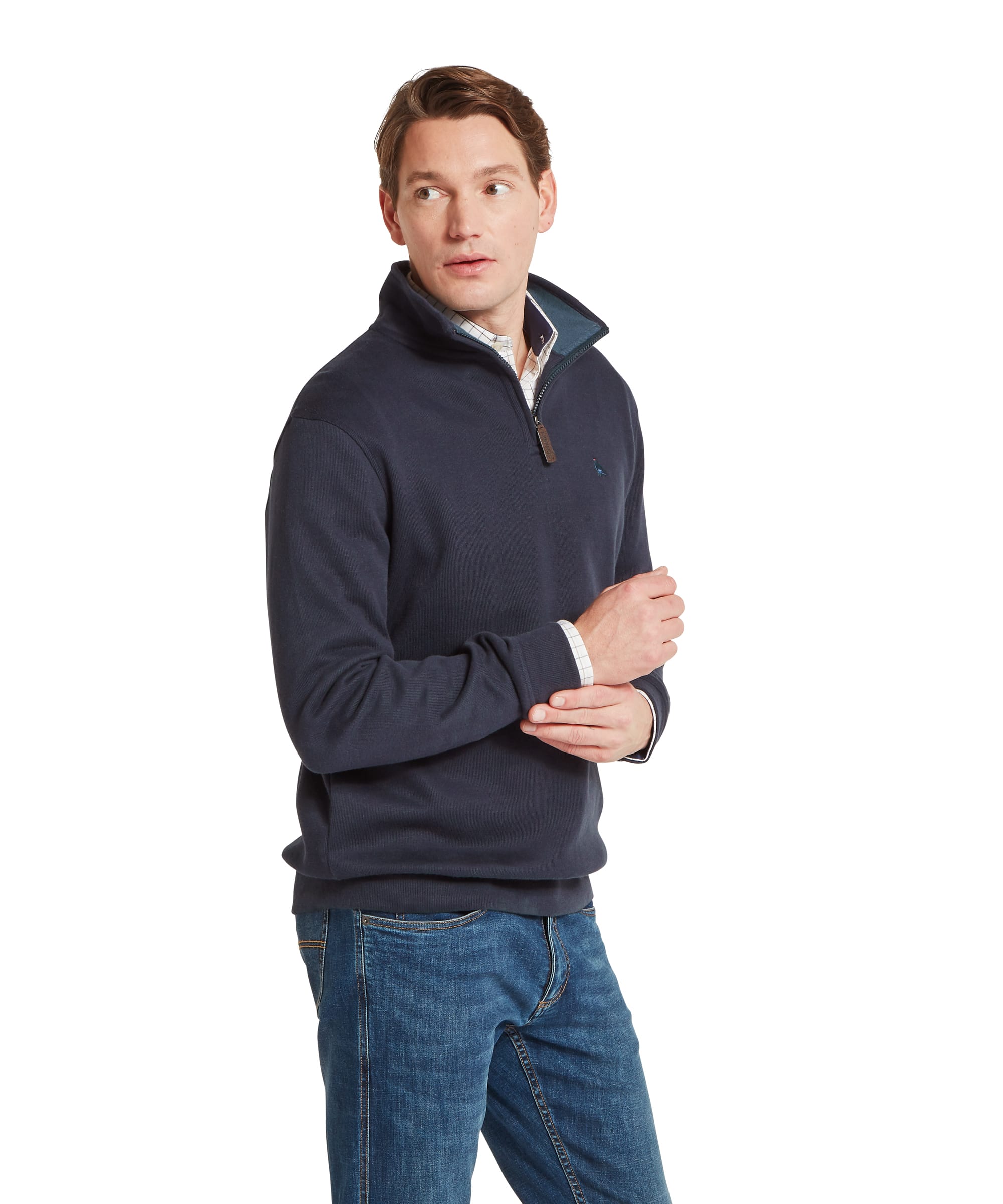 Schöffel Men's Kingsand Quarter-Zip Jumper in navy, three-quarter view showing quarter-zip neck with Schöffel branded leather zip pull, pheasant logo and check shirt layering