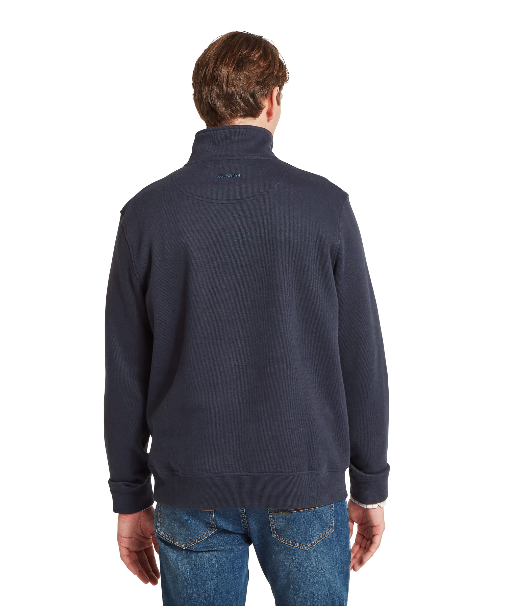 Schöffel Men's Kingsand Quarter-Zip Jumper in navy, rear view showing clean construction with Schöffel embroidered logo at back neck, worn with blue jeans
