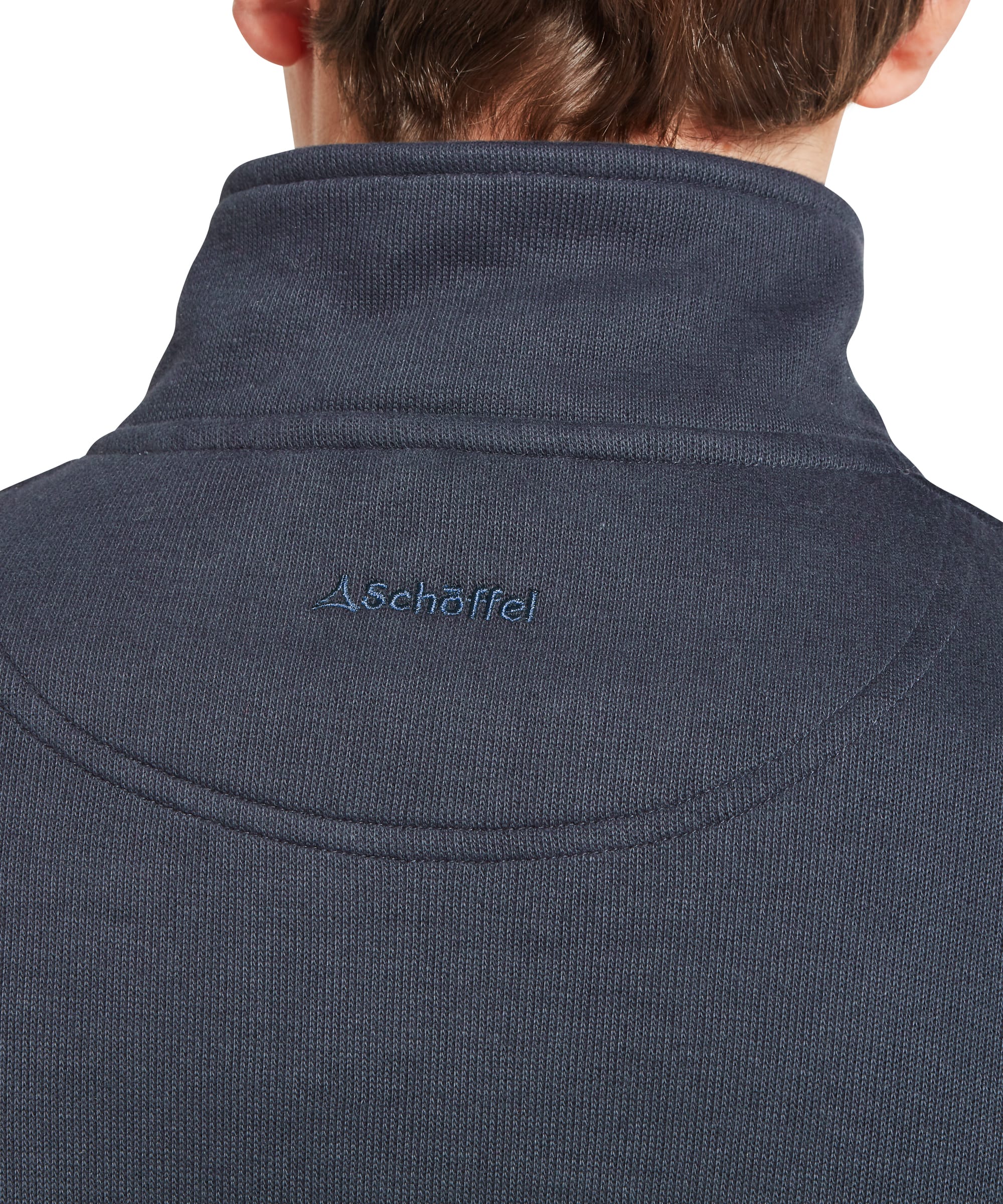Close-up back neck detail of Schöffel Men's Kingsand Quarter-Zip Jumper in navy showing tone-on-tone Schöffel logo embroidery and structured ribbed stand collar