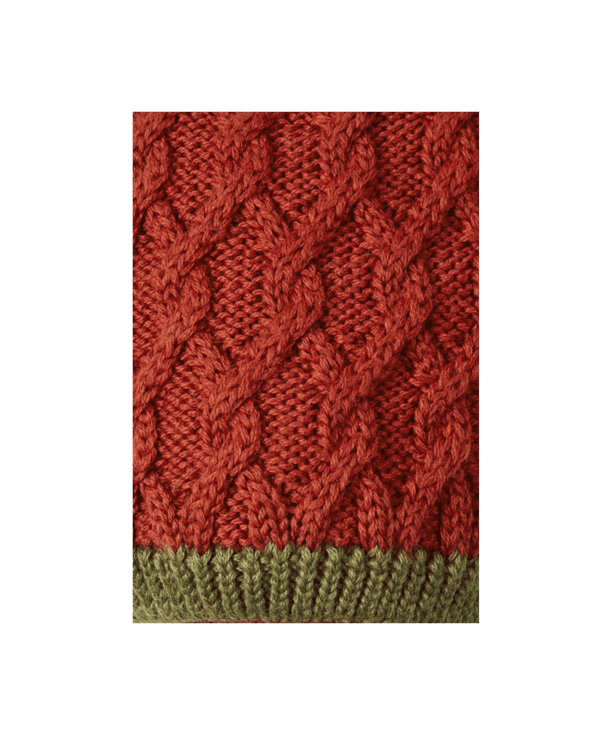 Schöffel Men's Lattice Sock in Red with cable knit pattern and contrast green welt close-up detail