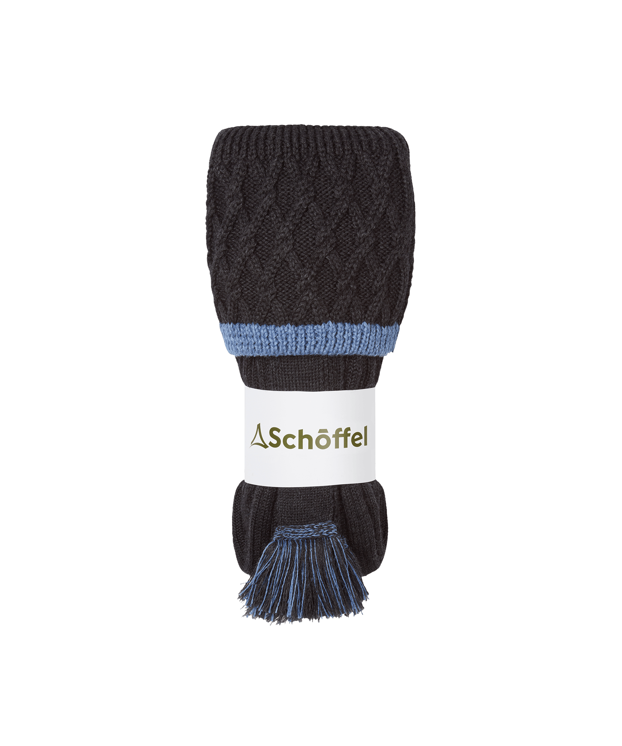 Black and blue knit socks with Schoffel logo on a white background