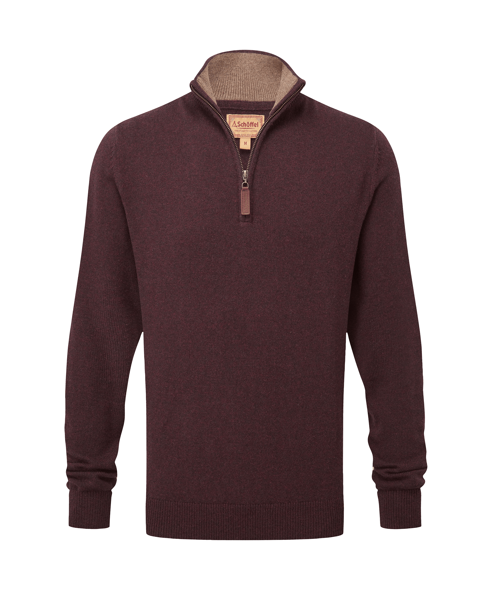 Schöffel men's cable-knit half-zip jumper in deep plum with a tan contrast collar lining and leather zip pull