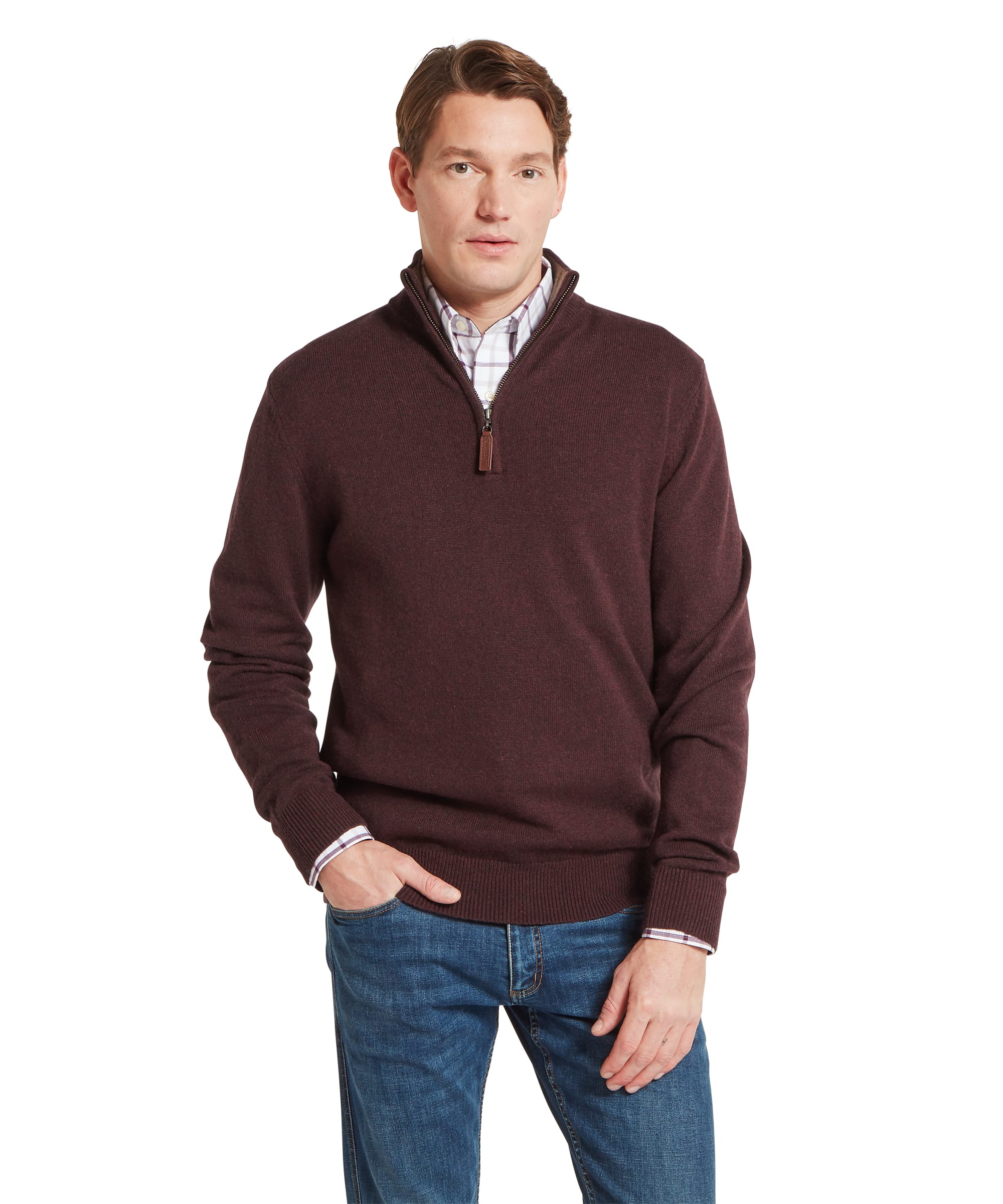 Schöffel Men's Lewis Lambswool Quarter-Zip Jumper in burgundy, front view showing fine lambswool knit, quarter-zip neck with leather zip pull and ribbed cuffs and hem, worn over a check shirt