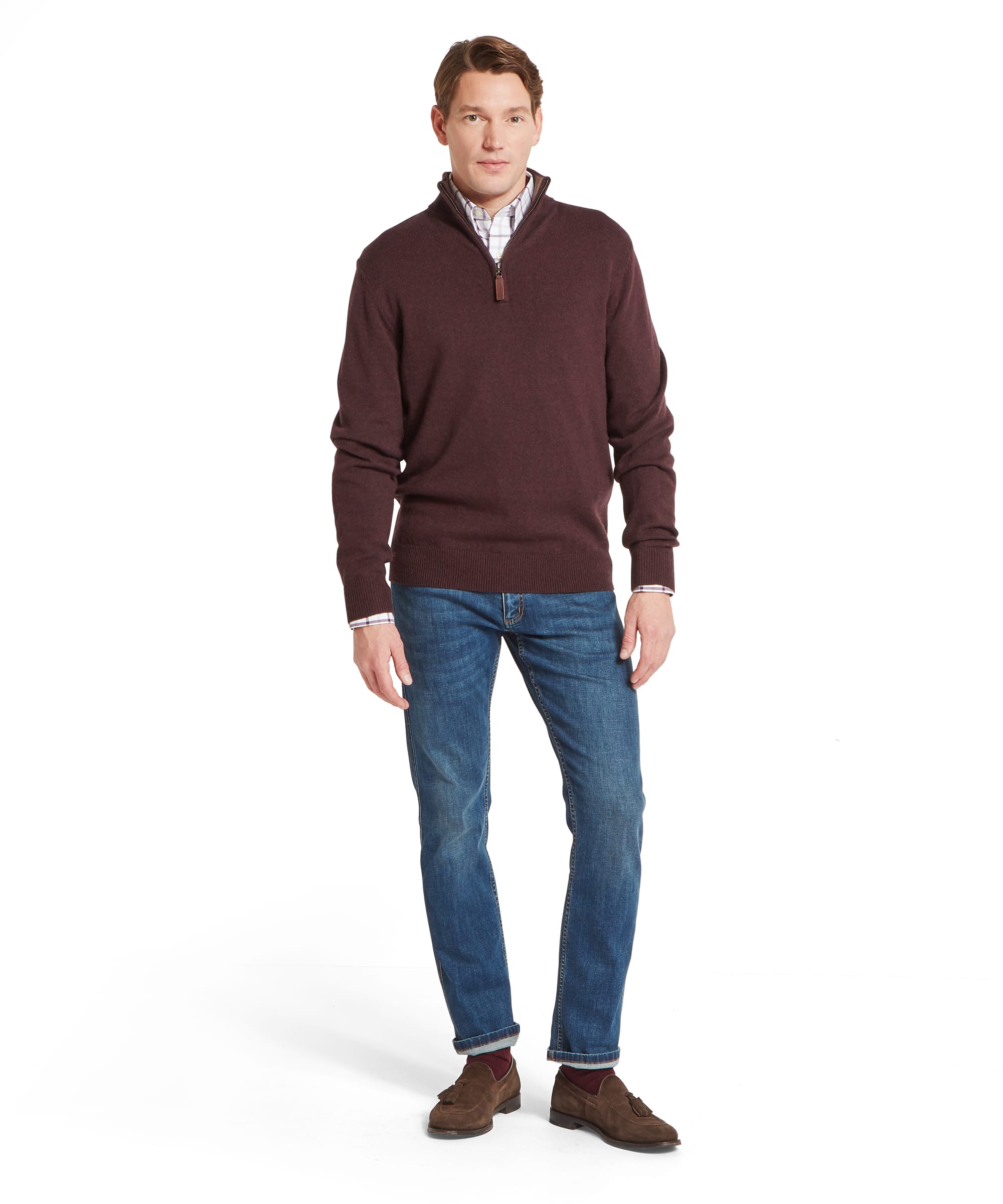 Schöffel Men's Lewis Lambswool Quarter-Zip Jumper in burgundy worn with blue jeans and brown suede tassel loafers, full length country casual outfit