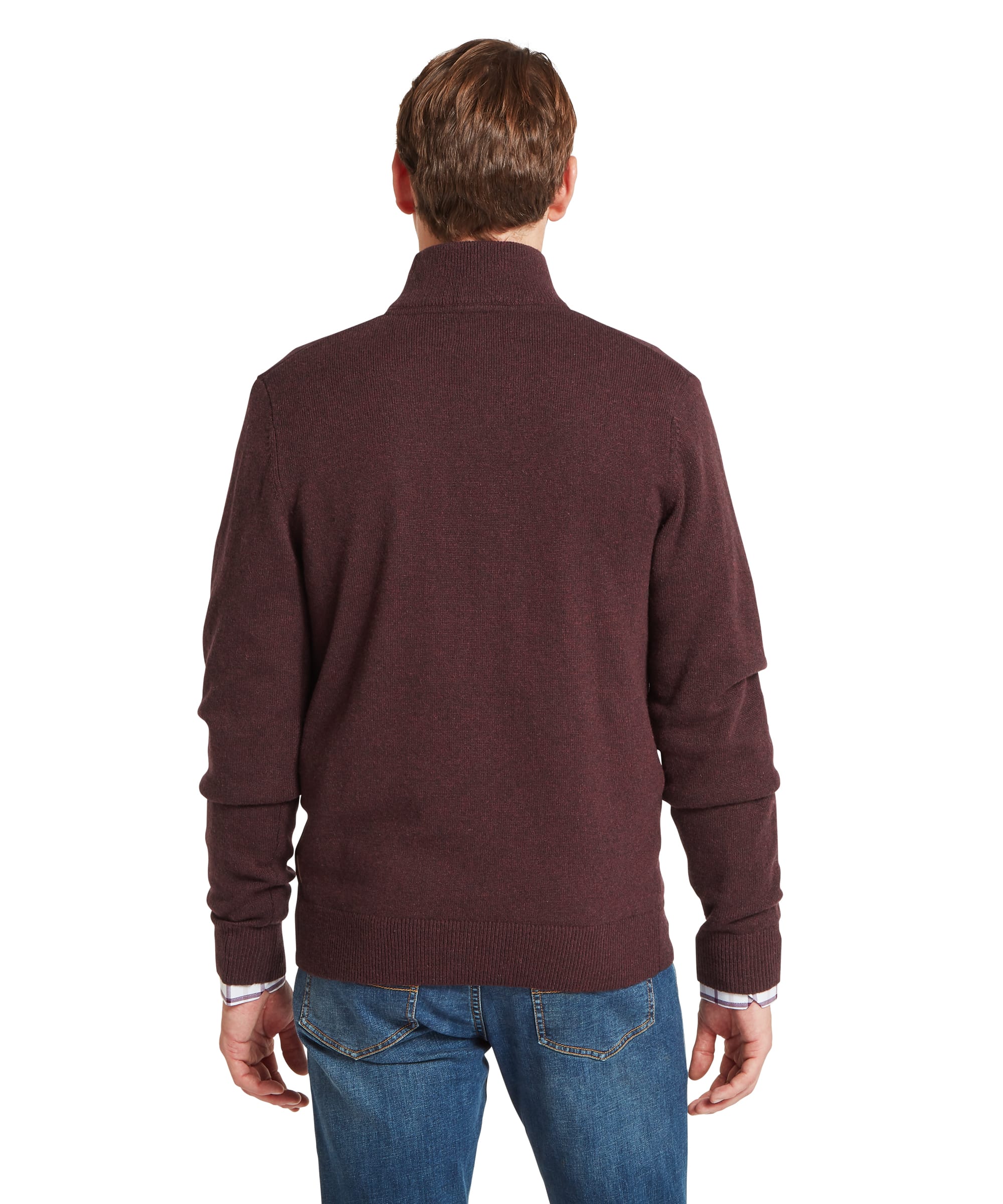 Schoffel Mens Lewis Lambswool Quarter-Zip Jumper in burgundy, rear view showing clean lambswool knit construction with ribbed collar, cuffs and hem, worn with blue jeans