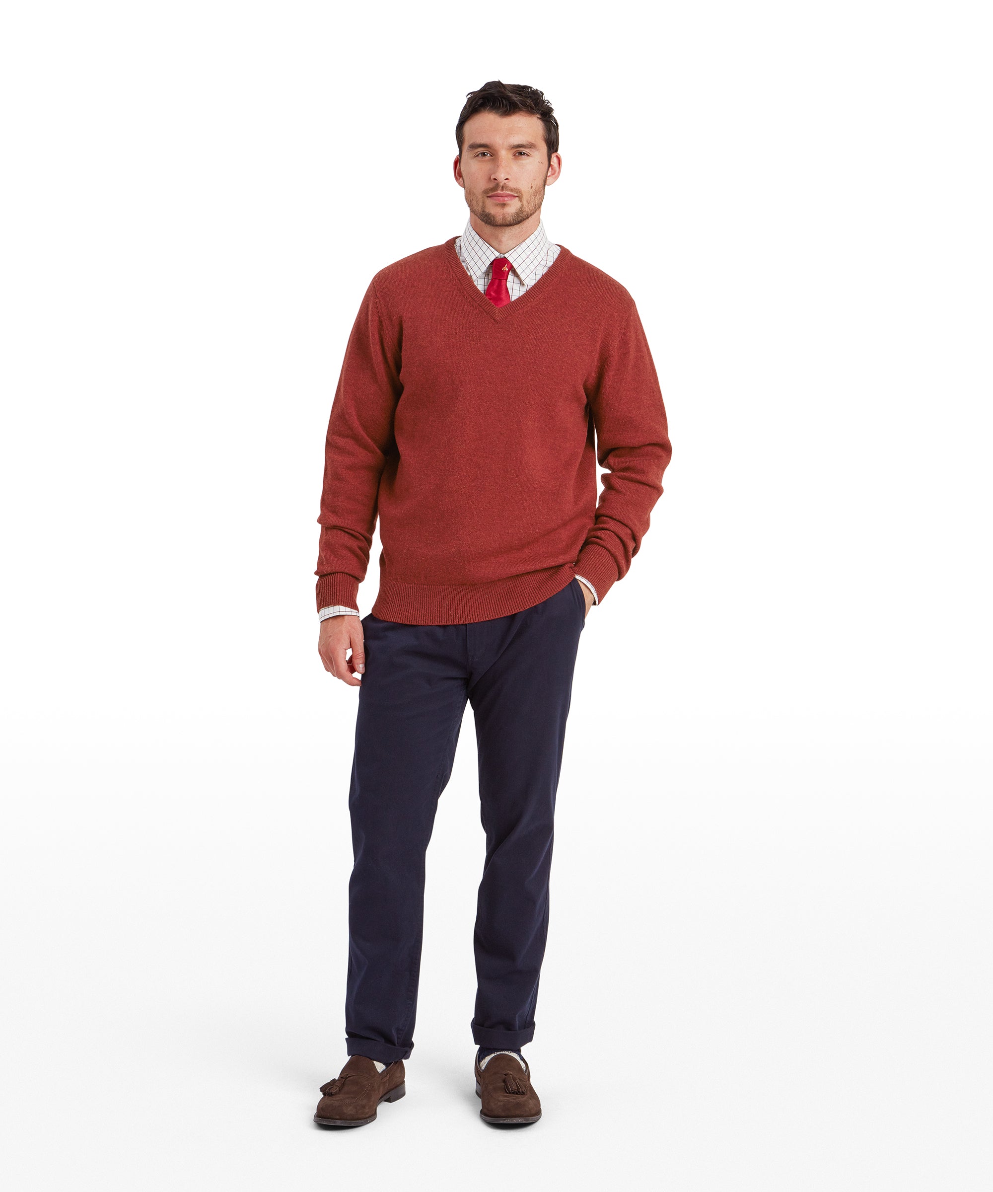 v neck sweater over dress shirt Men's Lewis Lambswool V Neck Sweater Red