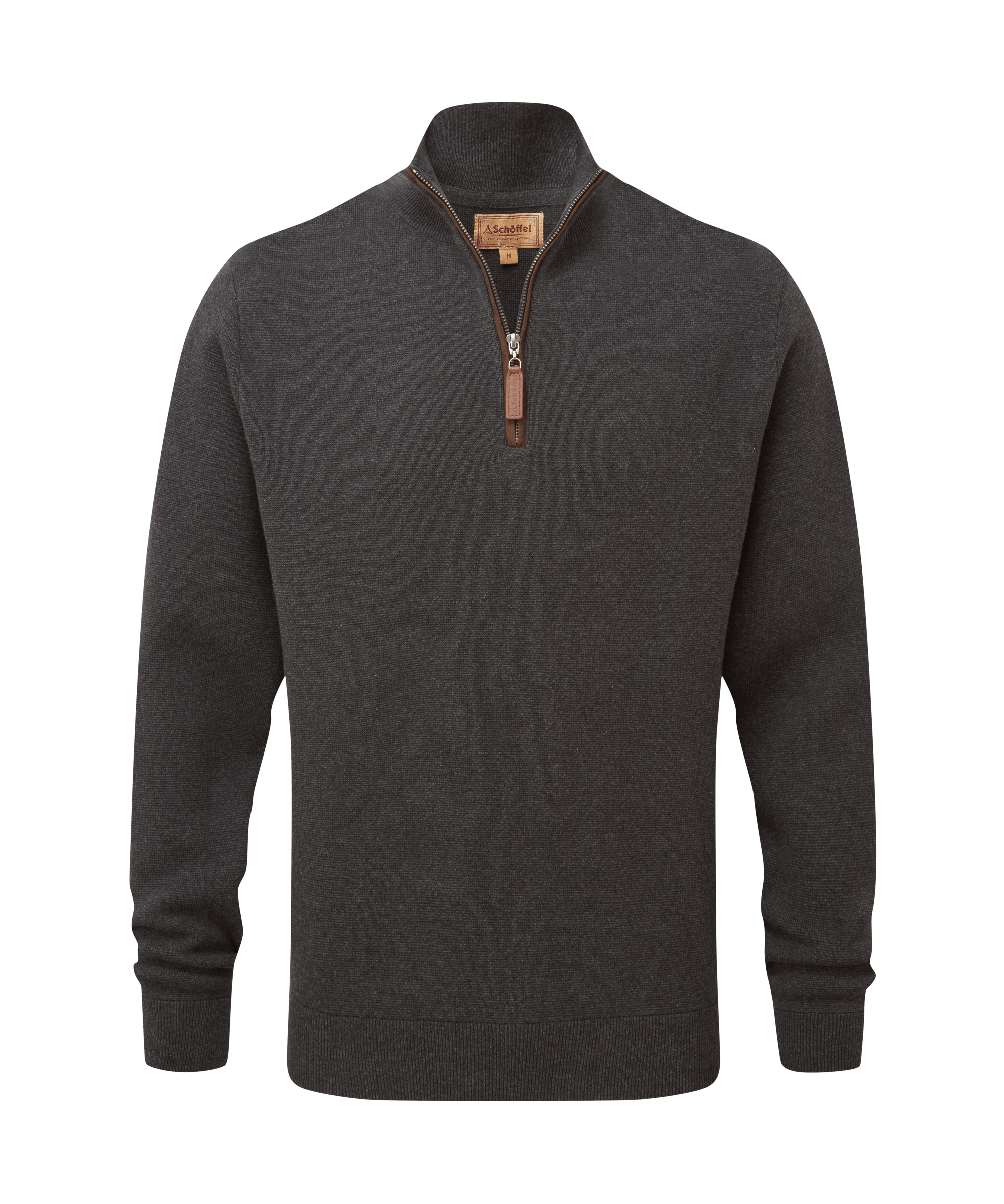 Schöffel men's fine-knit half-zip sweater in dark charcoal with a leather zip pull and branded patch label