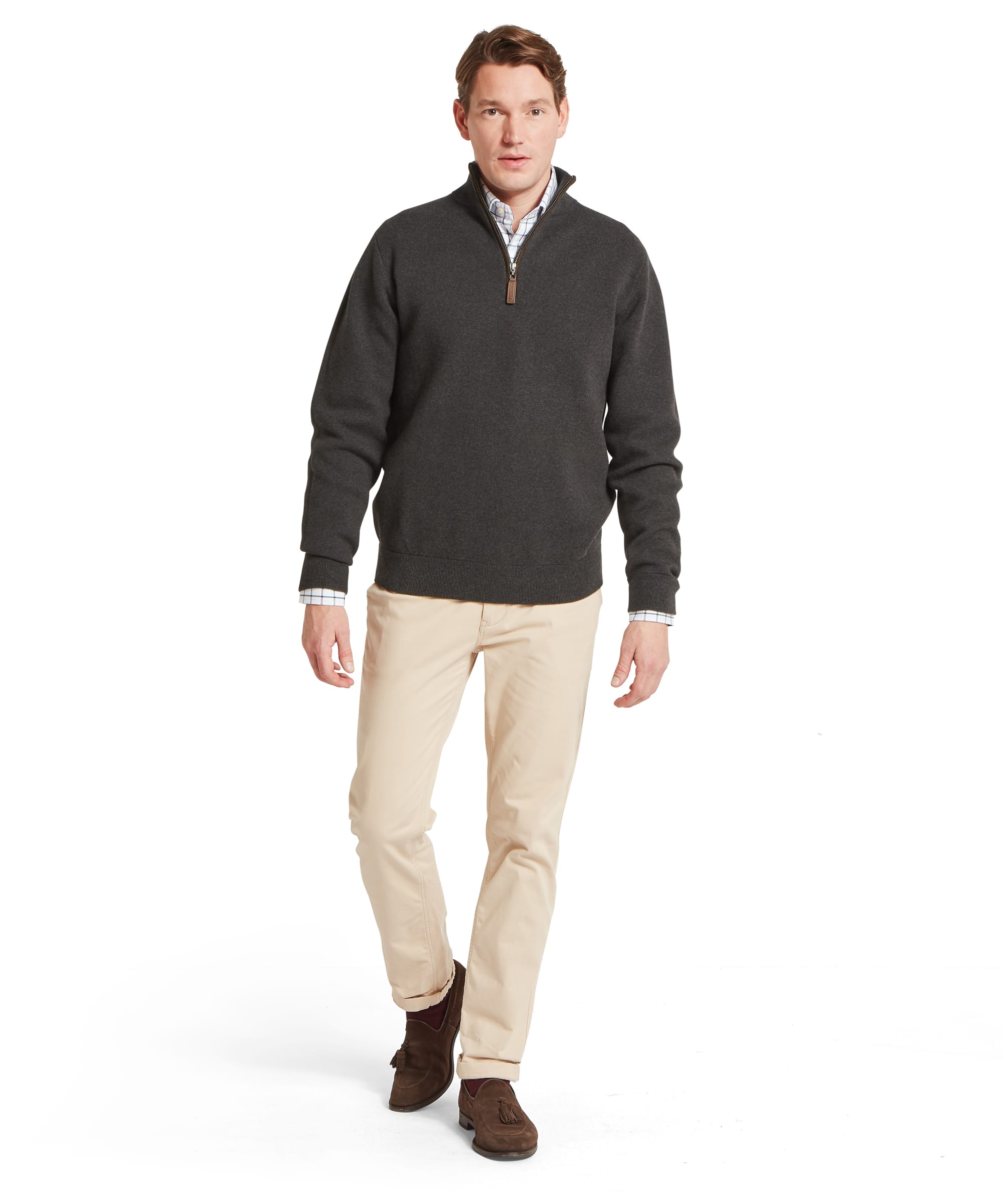 Schoffel Mens Marlow Quarter-Zip Jumper in charcoal worn with stone chinos and brown suede tassel loafers, full length front view showing smart country casual outfit