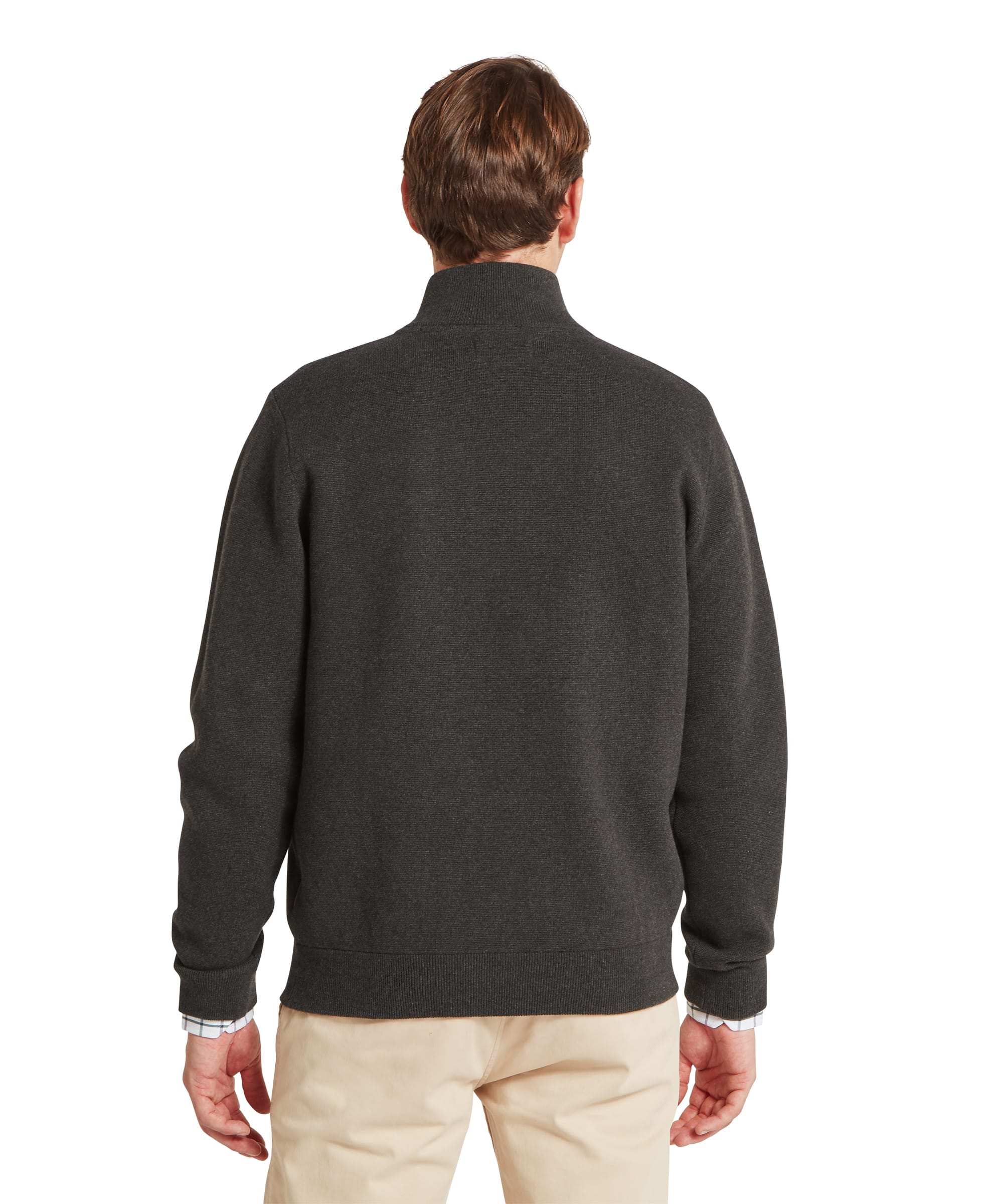 Schoffel Mens Marlow Quarter-Zip Jumper in charcoal, rear view showing clean knit construction with ribbed stand collar and hem, worn with stone chinos