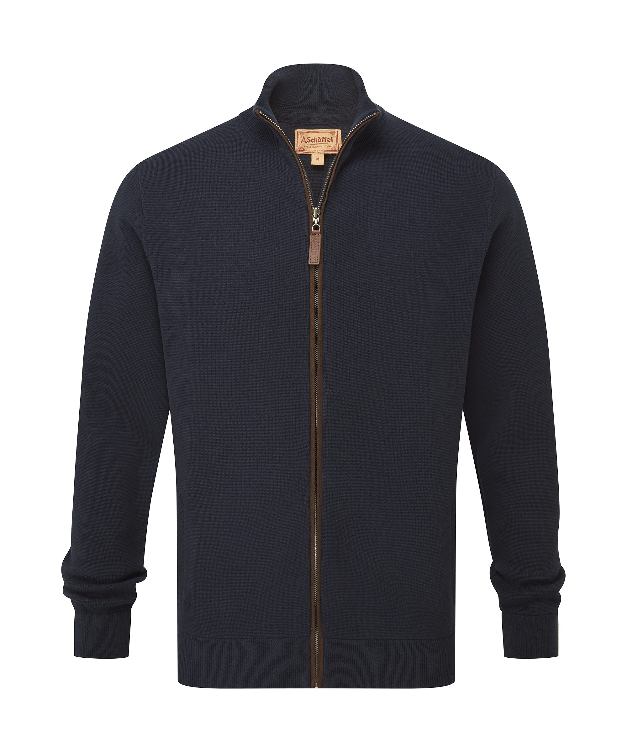 Schöffel men's full-zip knitted jacket in navy with a tan leather zip pull and branded patch label