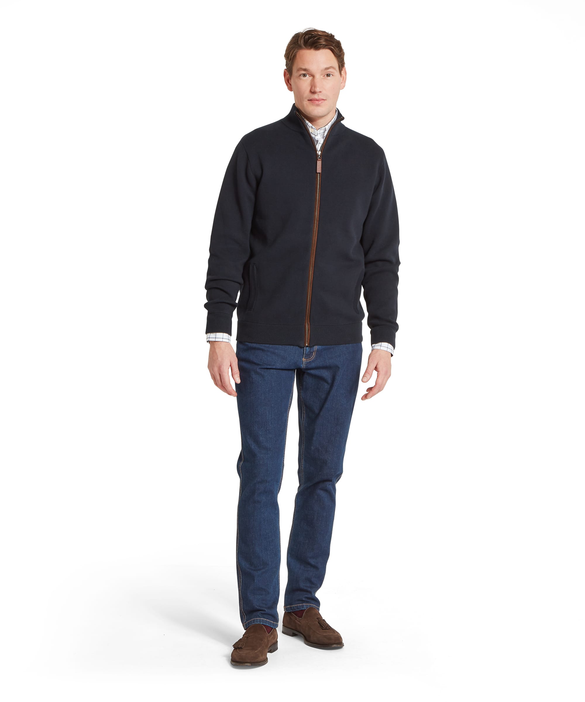 Schoffel Mens Marlow Full-Zip Jumper in navy worn with blue jeans and brown suede tassel loafers, full length front view showing smart country casual outfit