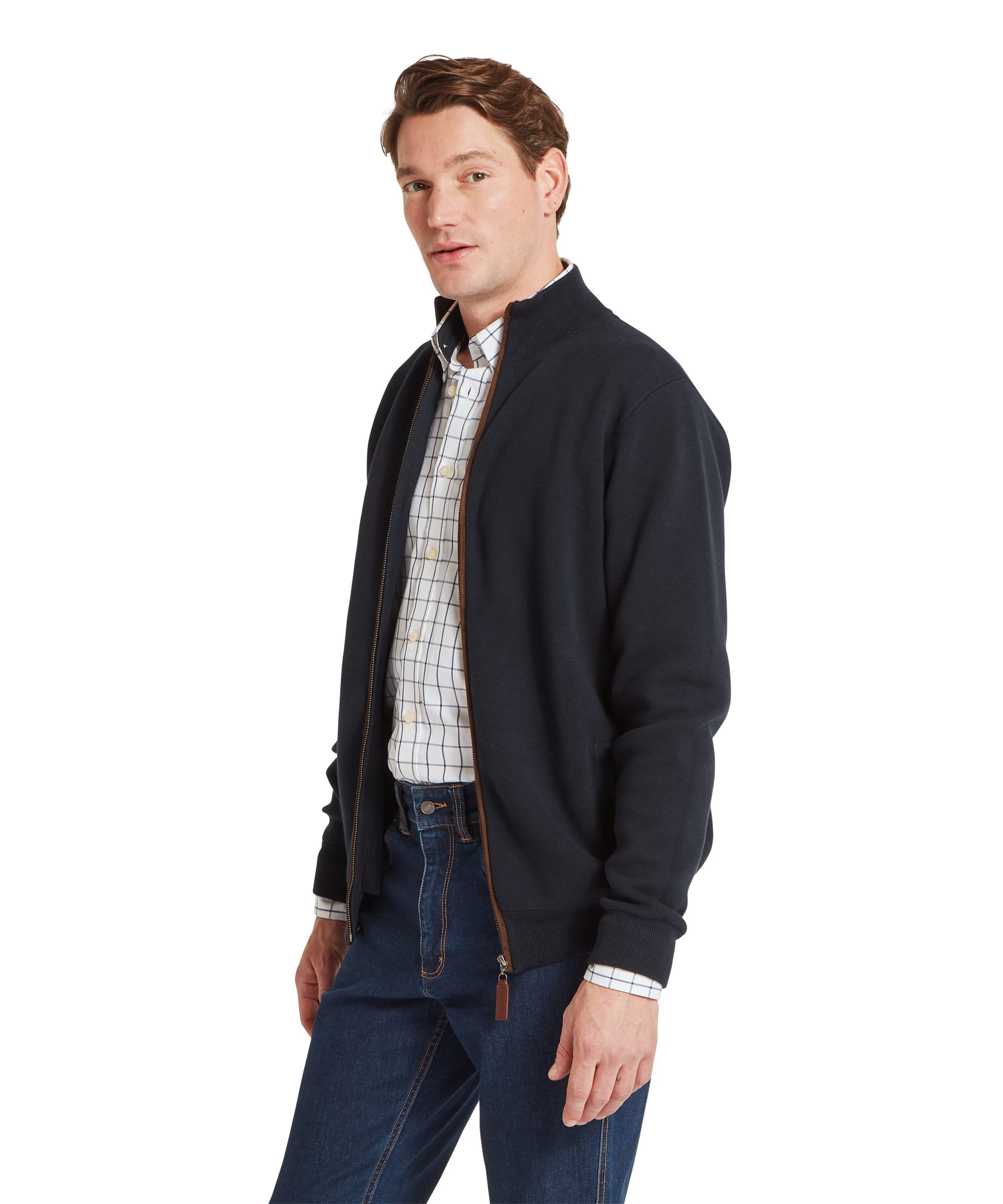 Schoffel Mens Marlow Full-Zip Jumper in navy, three-quarter view worn open showing contrast tan leather zip trim and layering over a windowpane check shirt with blue jeans