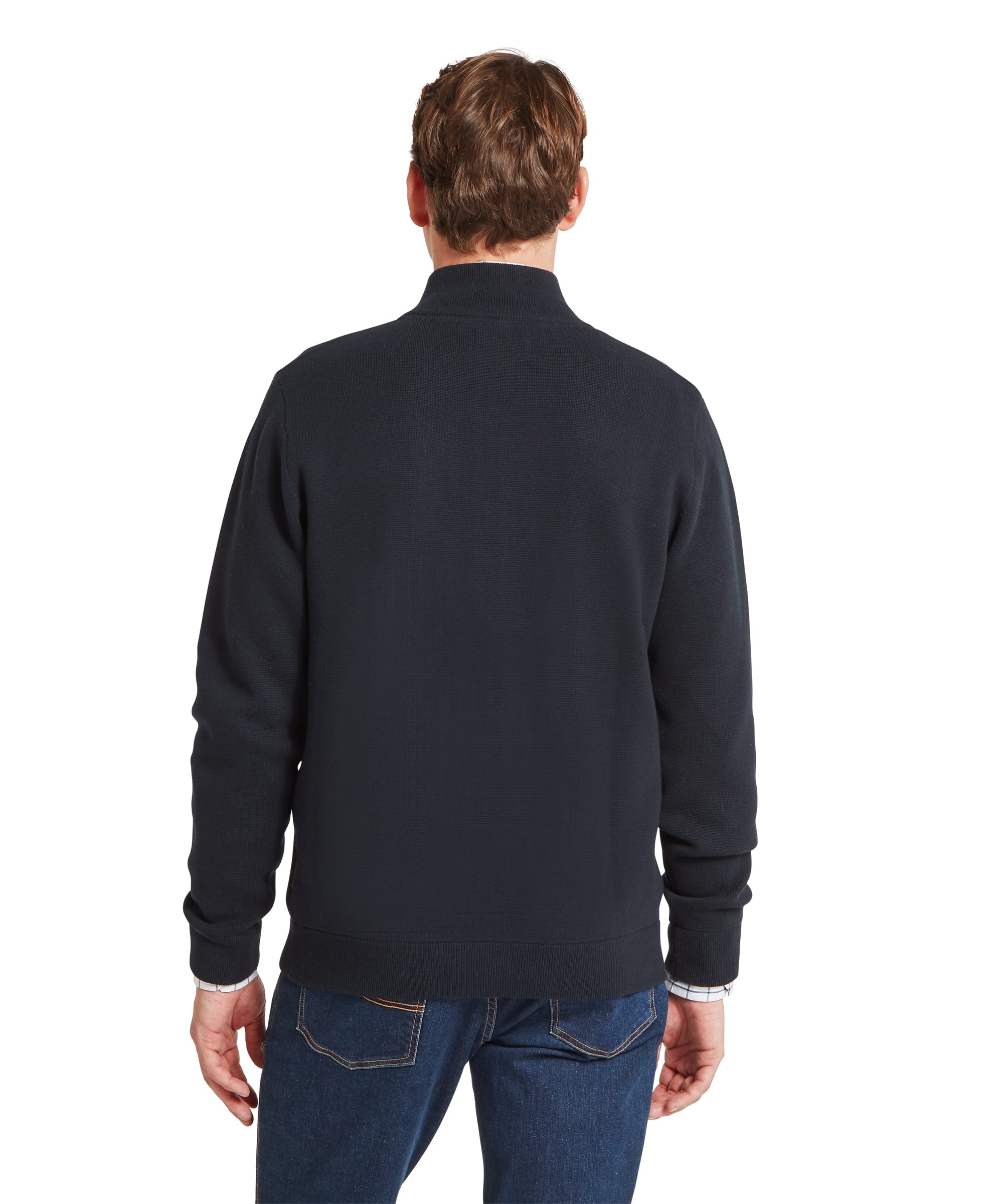 Schoffel Mens Marlow Full-Zip Jumper in navy, rear view showing clean knit construction with ribbed stand collar and hem, worn with blue jeans