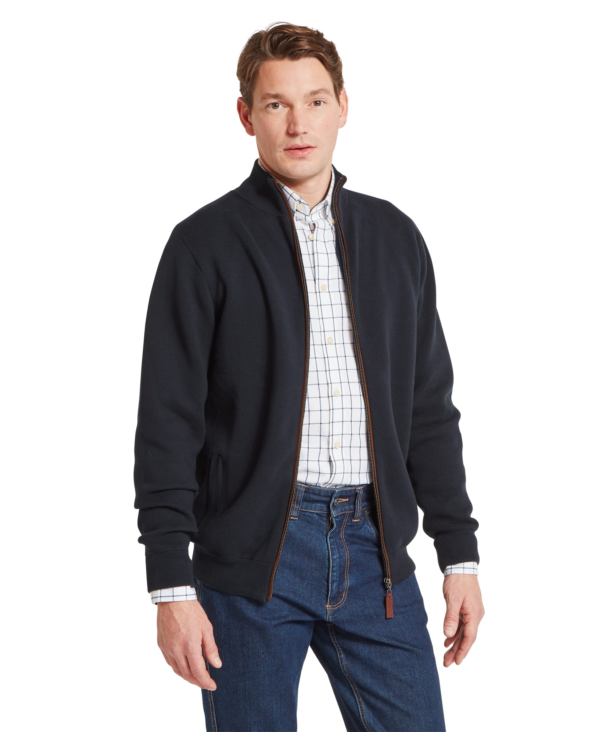 Schoffel Mens Marlow Full-Zip Jumper in navy, three-quarter view worn open over a windowpane check shirt showing contrast tan leather zip edging and relaxed country smart fit