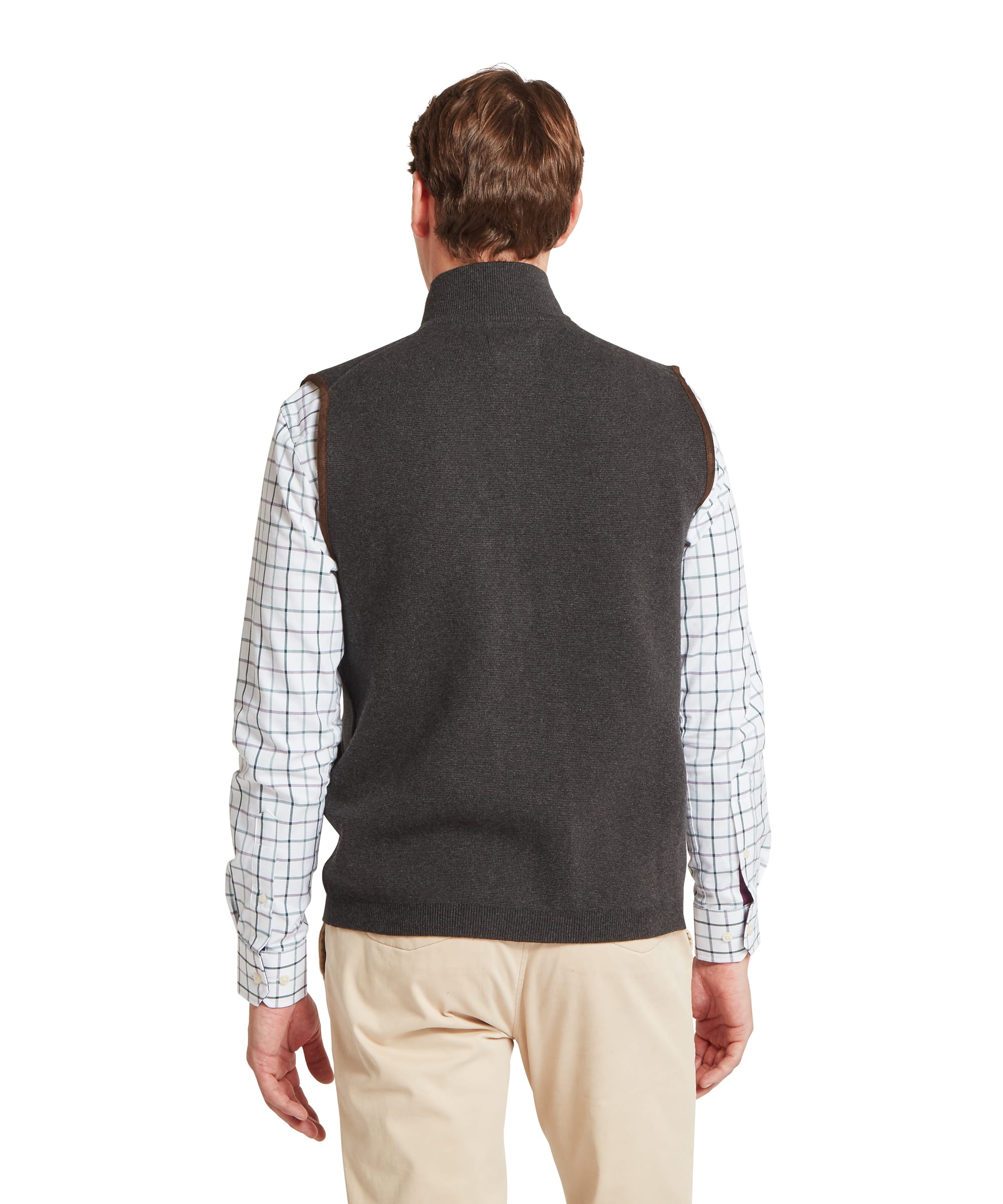 Schoffel Mens Marlow Gilet in charcoal, rear view showing clean sleeveless knit construction with ribbed stand collar and hem, worn over a check shirt with stone chinos