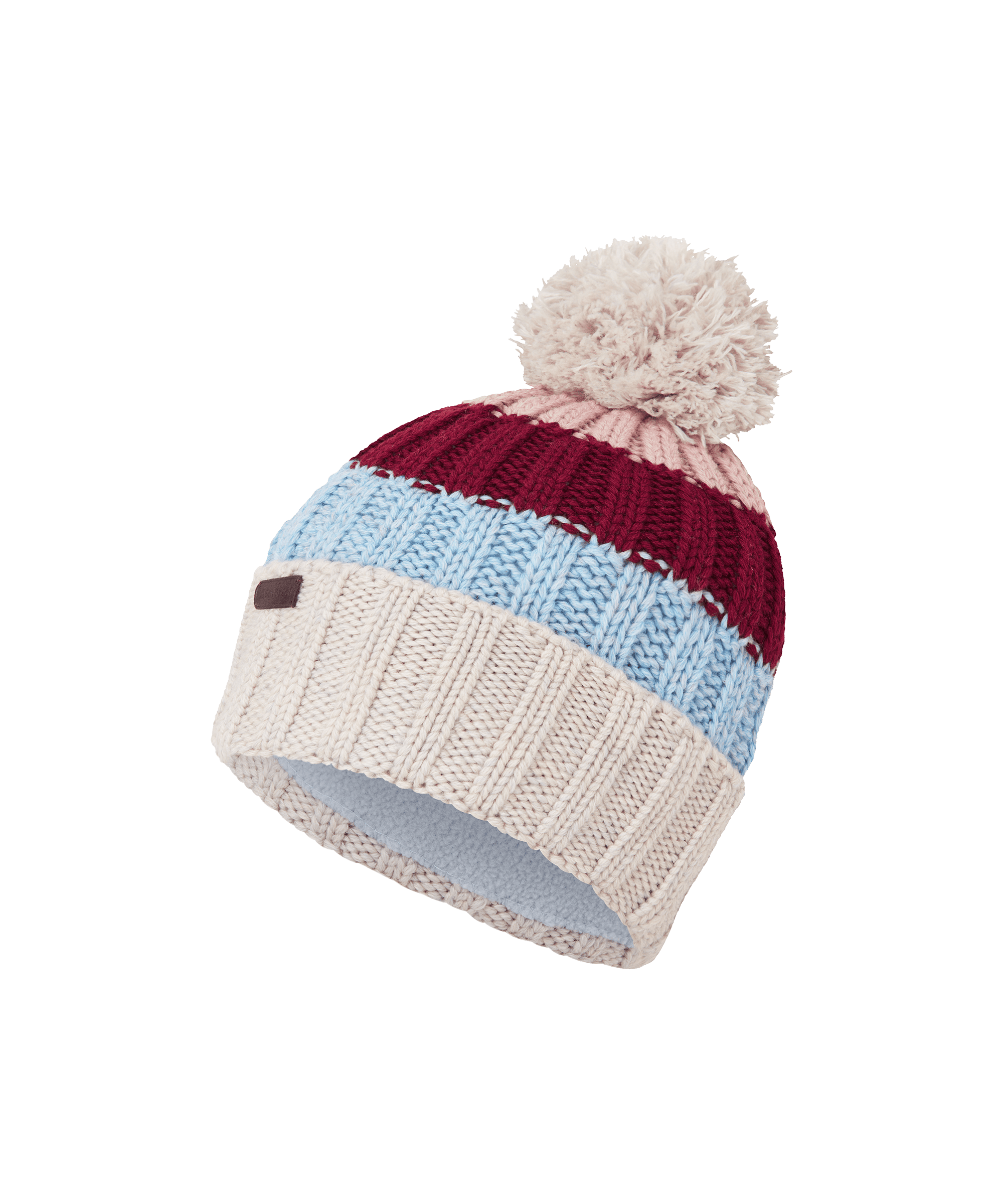 Multicolored knit beanie with a pom-pom on a white background