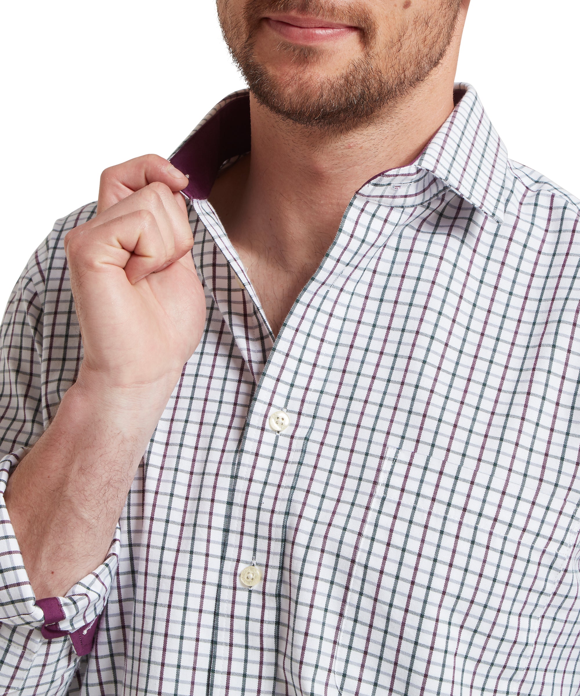 Man wearing a checkered shirt with a close-up of the collar.