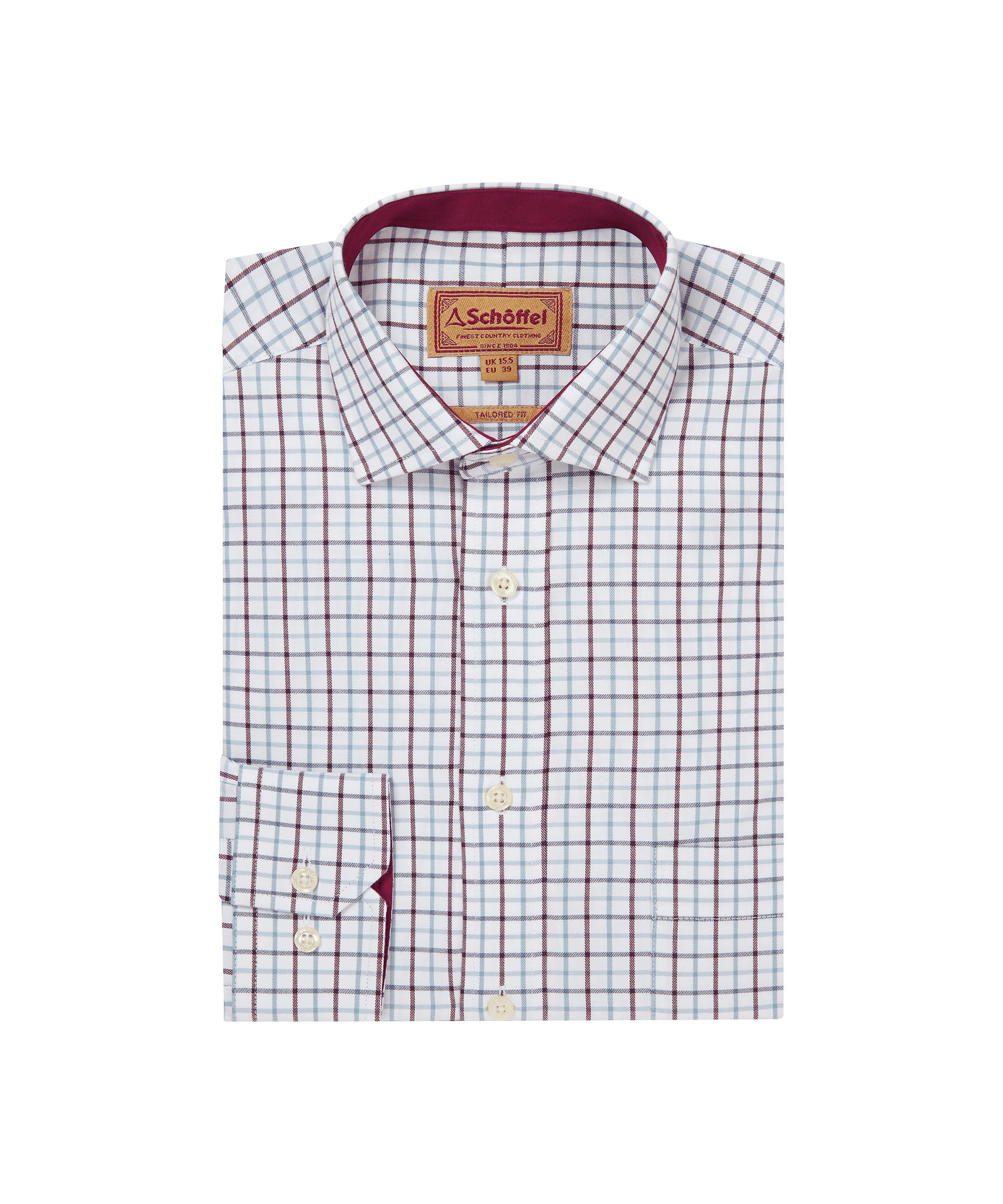 Schöffel men's folded classic country shirt in white with a burgundy micro-check, button collar and branded patch label