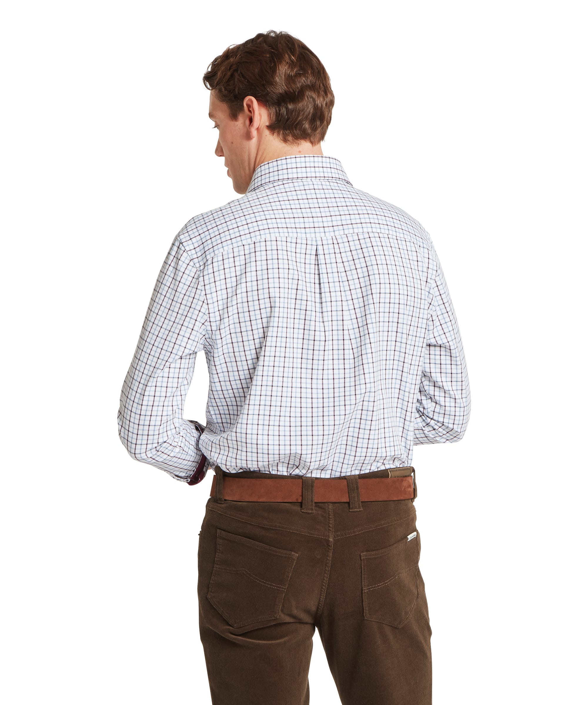 Schoffel Mens Milton Tailored Shirt in blue and burgundy windowpane check, rear view showing box pleat at back yoke and tailored fit, worn with brown cord trousers and leather belt