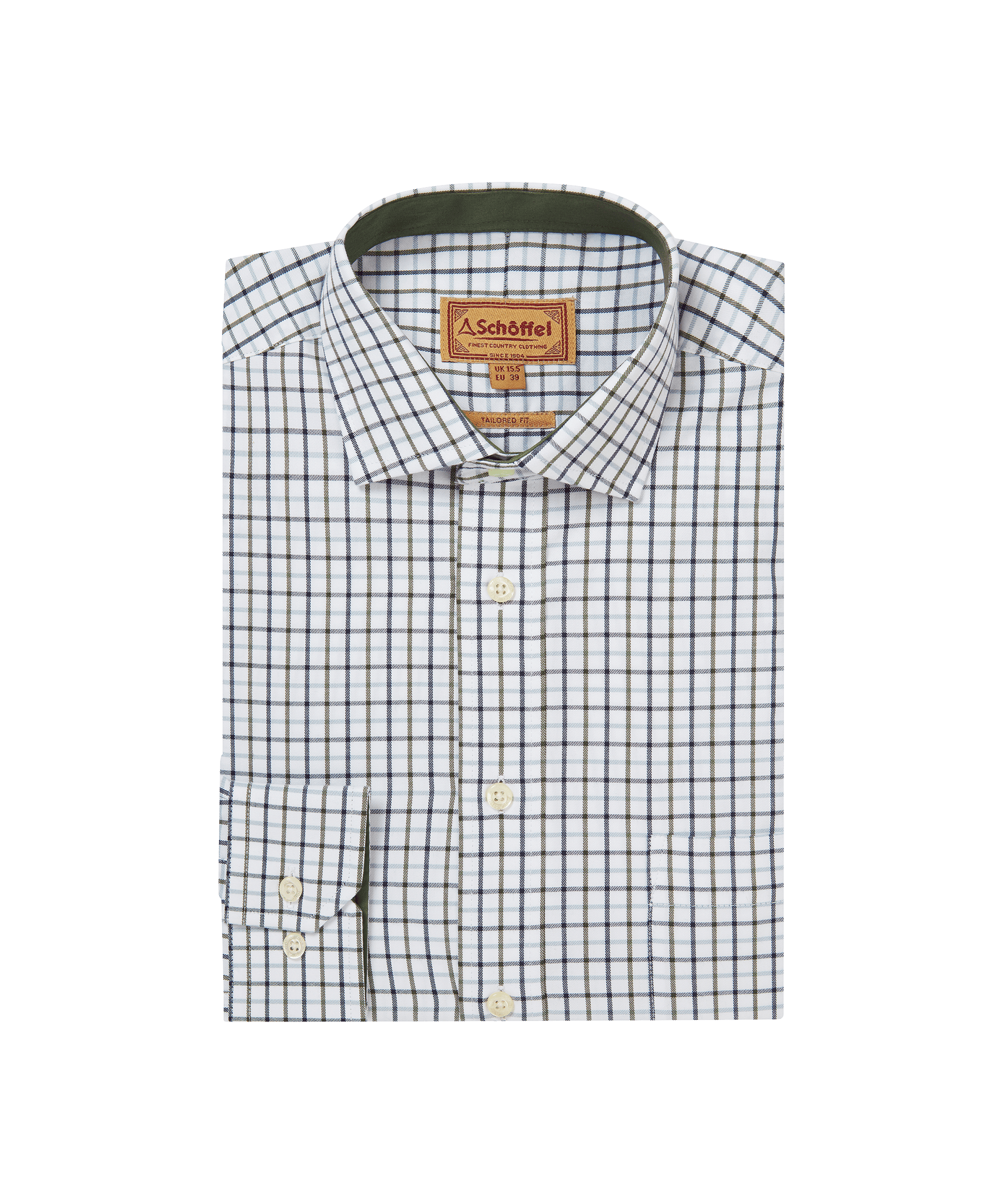 Schöffel men's folded classic country shirt in white and blue micro-check with a button collar and branded patch label