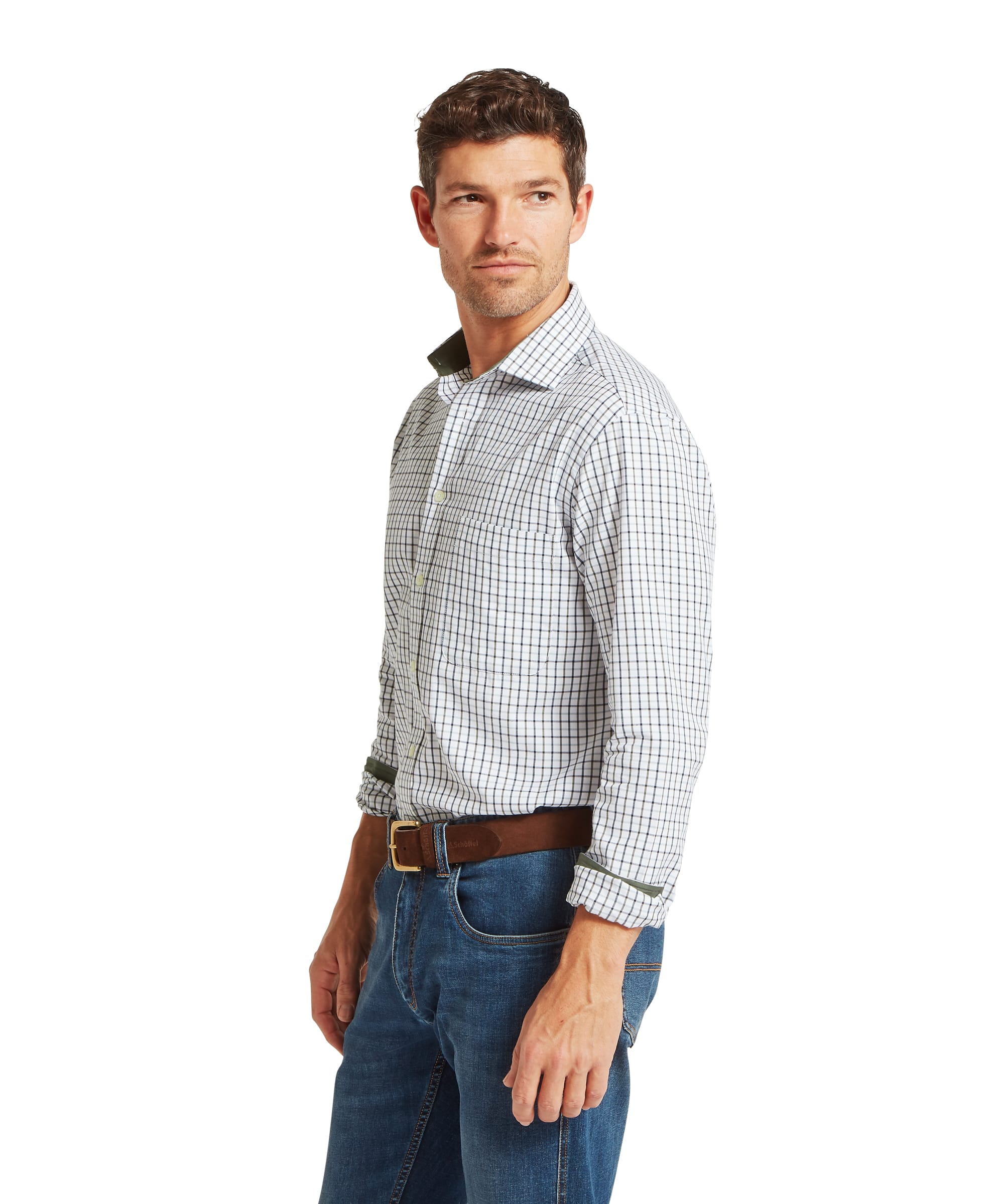 Schoffel Mens Milton Tailored Shirt in blue and olive windowpane check, side view showing spread collar with contrast olive inner collar lining and tailored fit through the body with blue jeans