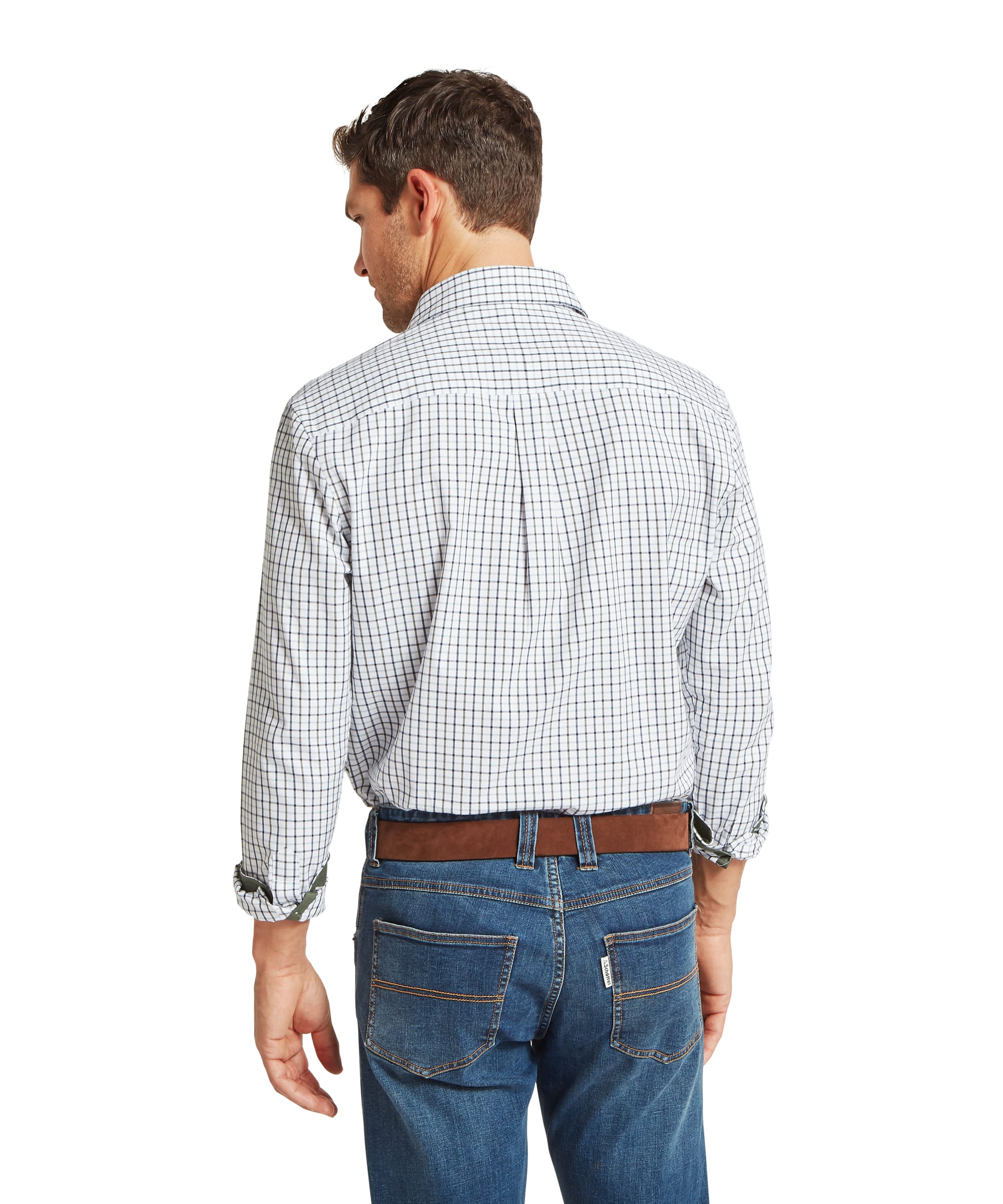 Schoffel Mens Milton Tailored Shirt in blue and olive windowpane check, rear view showing box pleat at back yoke and tailored fit, worn with blue jeans and brown leather belt