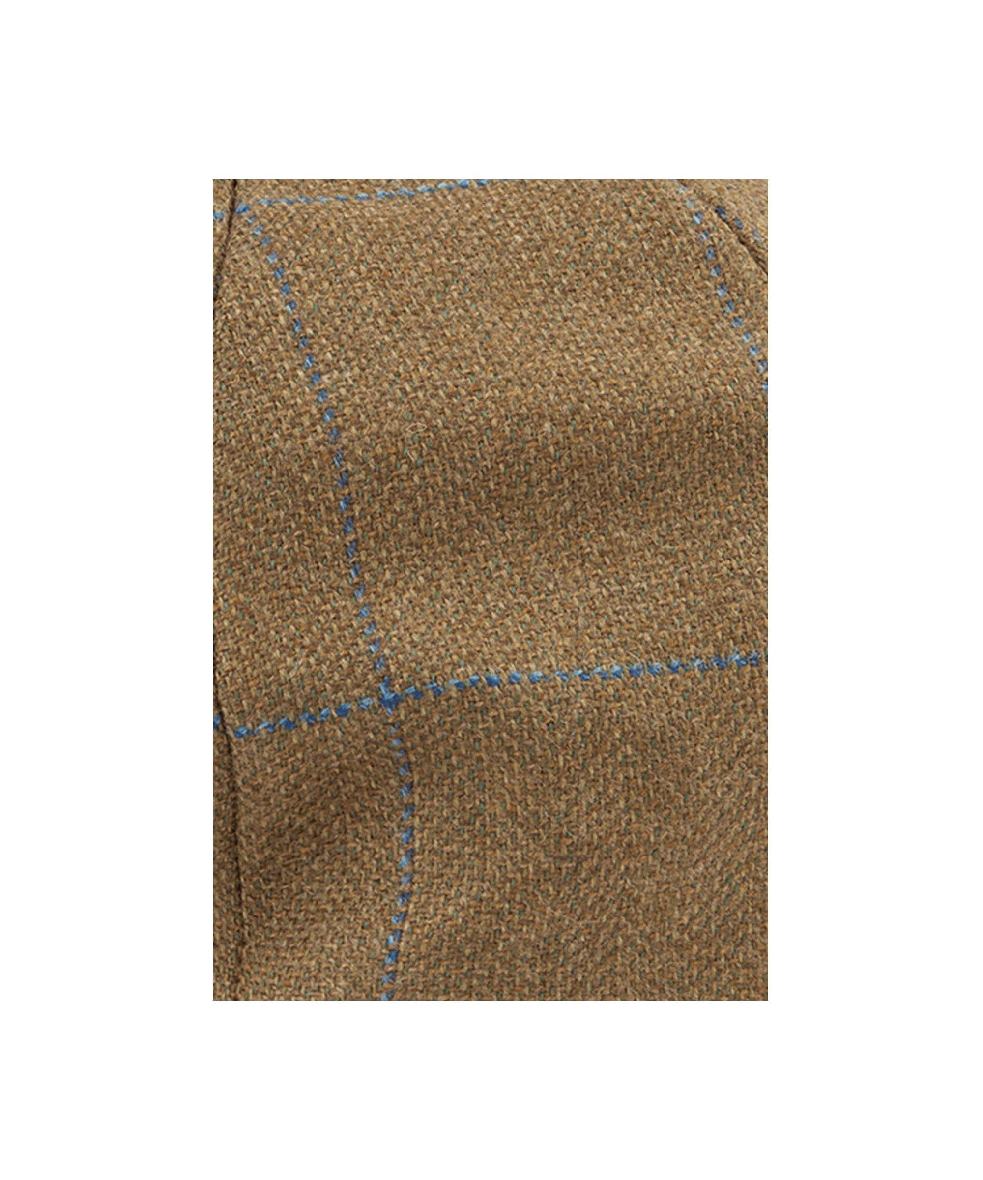 Schöffel Men's Newsboy Cap in Tan with blue windowpane check tweed fabric close-up detail.