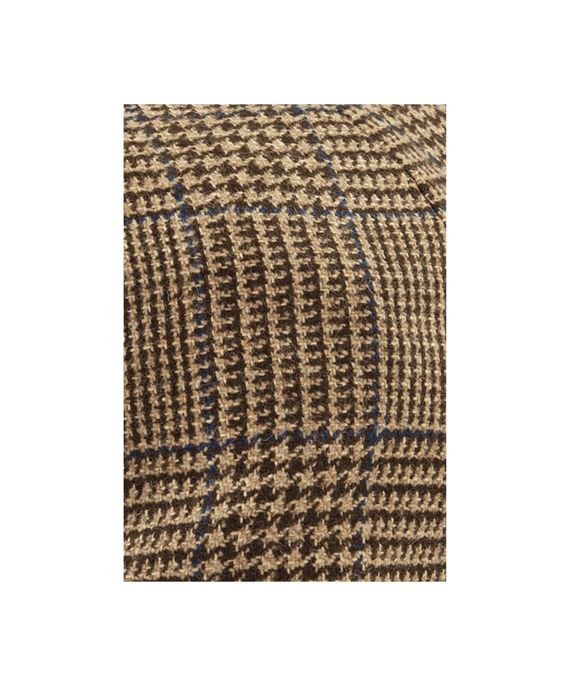 Schöffel Men's Newsboy Cap in Brown with blue overcheck tweed fabric close-up detail