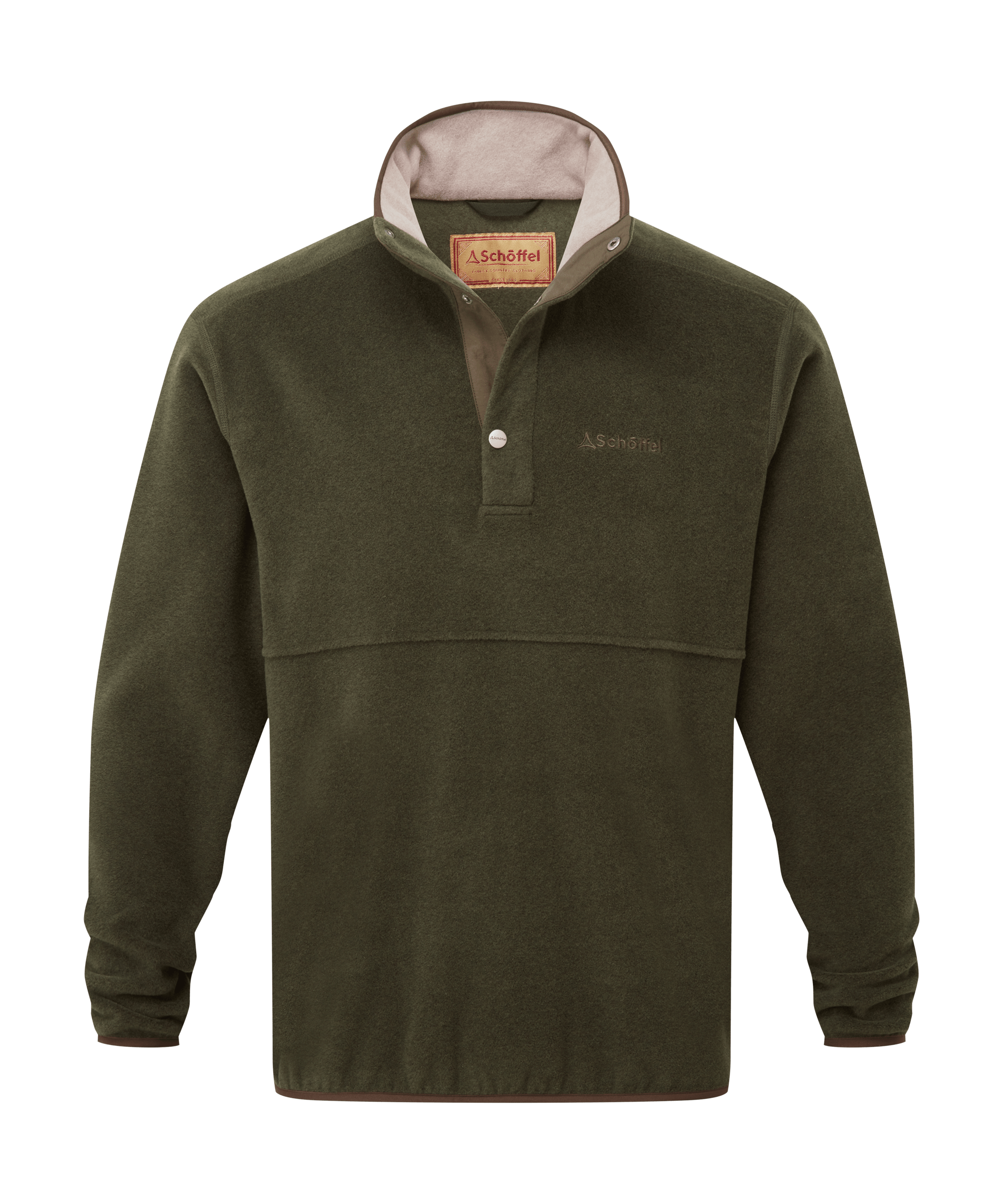 Schöffel men's fleece-backed rugby shirt in dark olive with a stone contrast collar and button placket