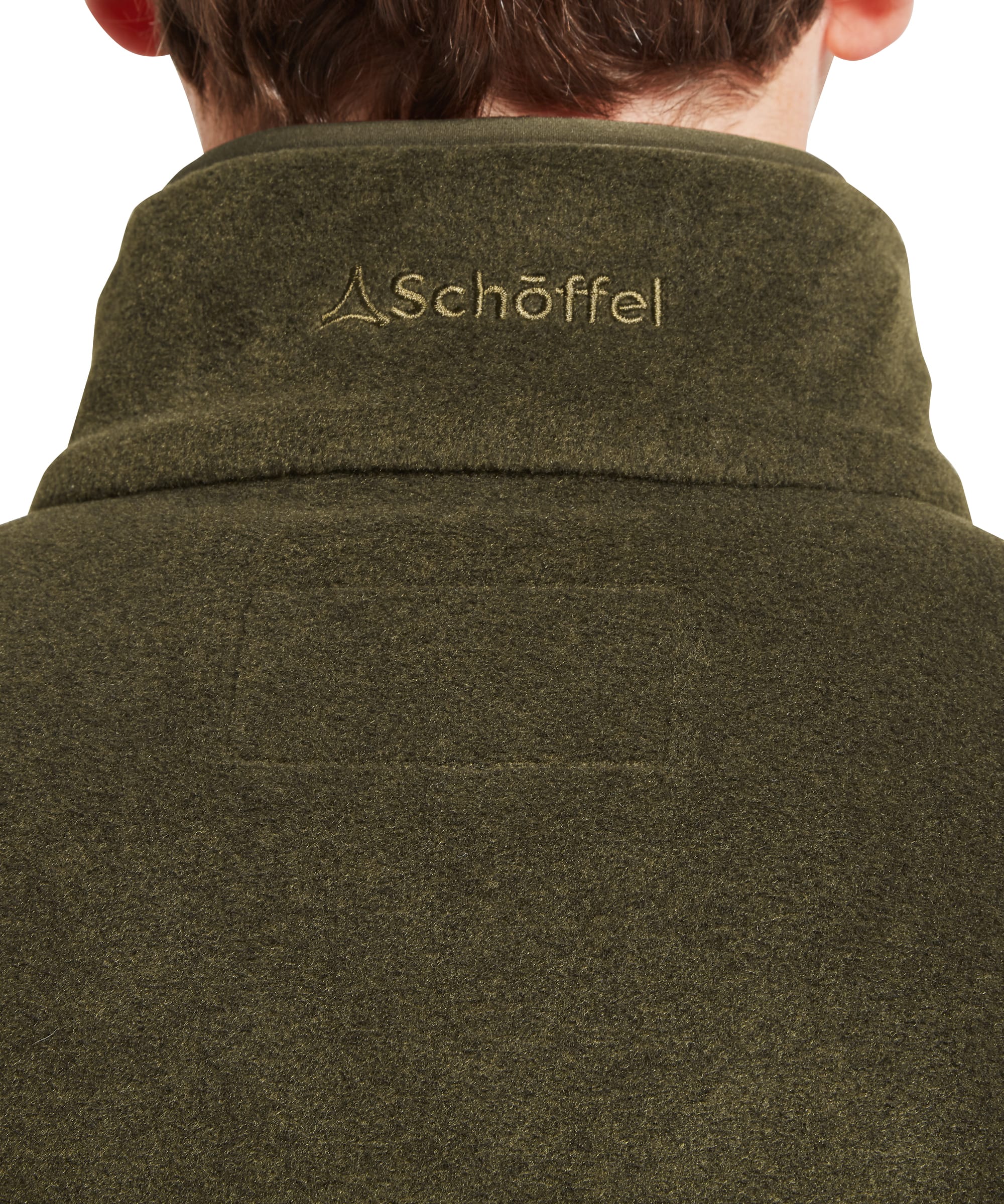 Close-up back neck detail of Schoffel Mens Norton Fleece in dark olive green showing tone-on-tone Schoffel logo embroidery on fleece collar