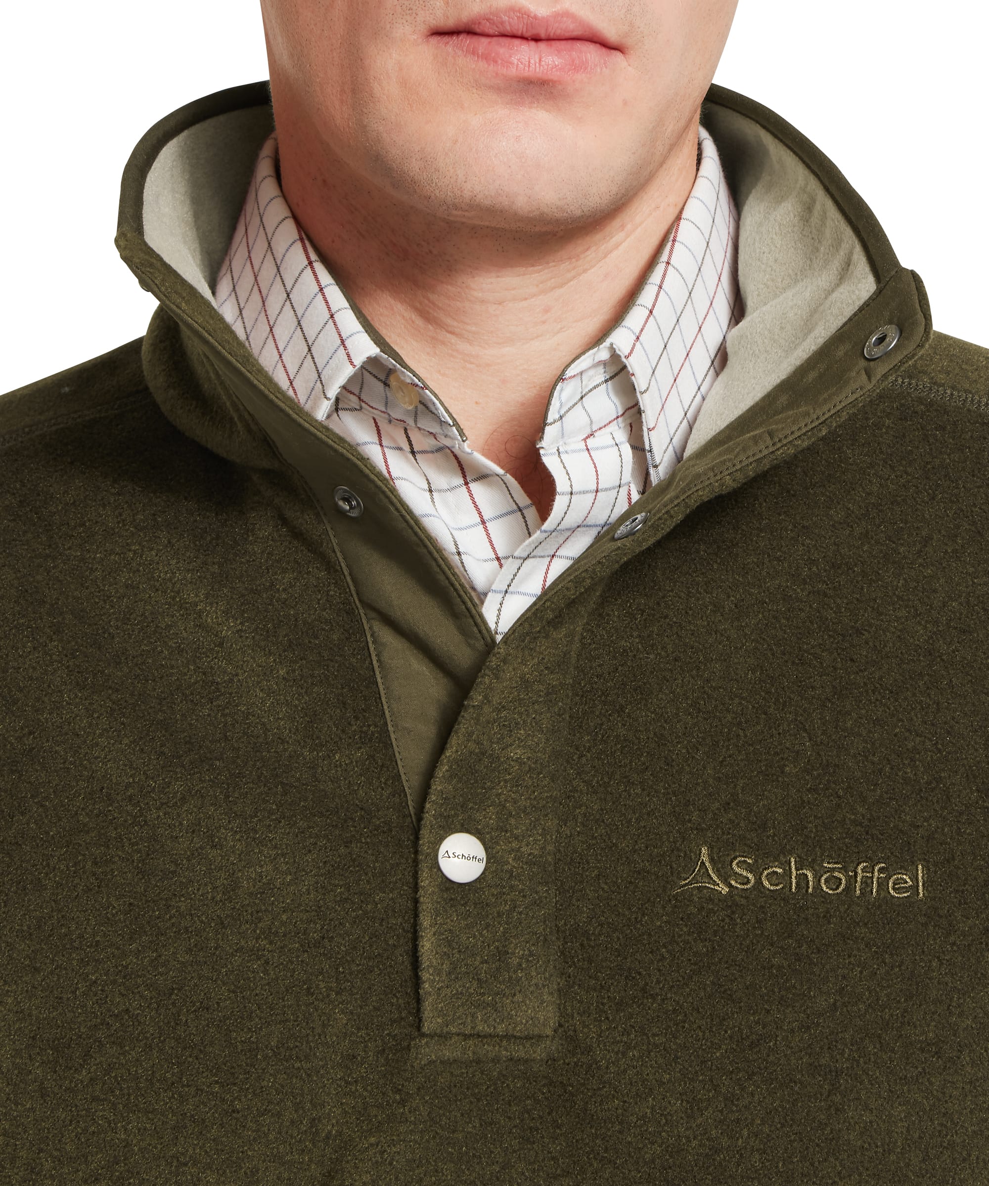 Close-up of Schoffel Mens Norton Fleece collar in dark olive green showing snap-button placket fastening, contrast stone inner collar lining and embroidered Schoffel chest logo, worn over a check shirt