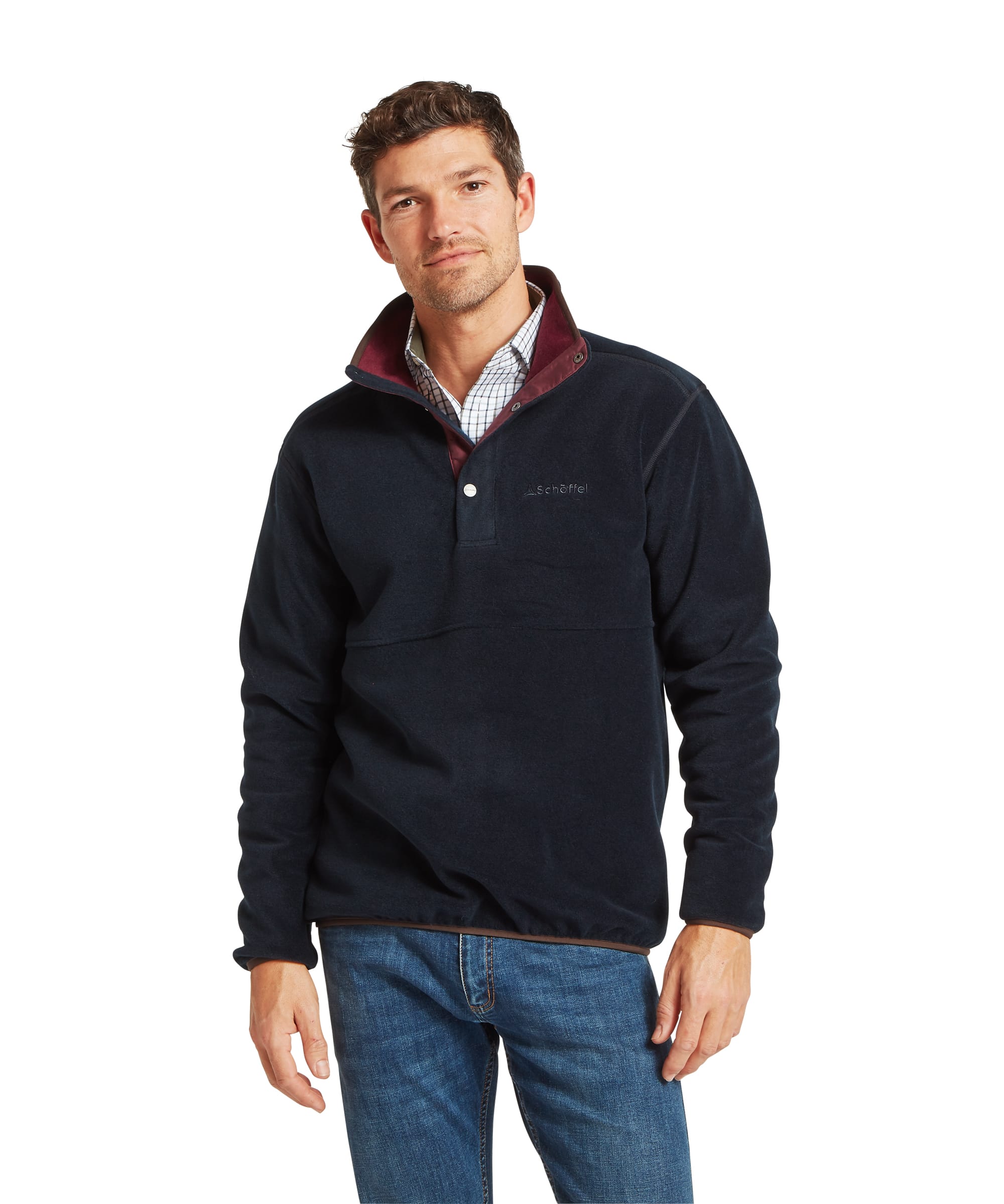 Schoffel Mens Norton Fleece in navy, front view showing snap-button placket neck with contrast burgundy inner collar lining, Schoffel logo embroidery and relaxed pullover fleece fit, worn over a check shirt