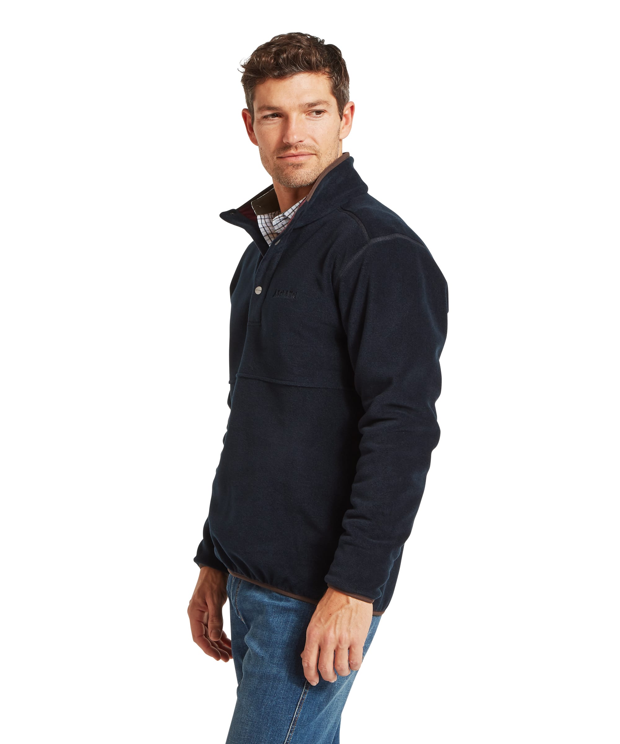 Schoffel Mens Norton Fleece in navy, three-quarter view showing snap-button placket neck, contrast burgundy inner collar lining, Schoffel logo embroidery and relaxed country casual fit