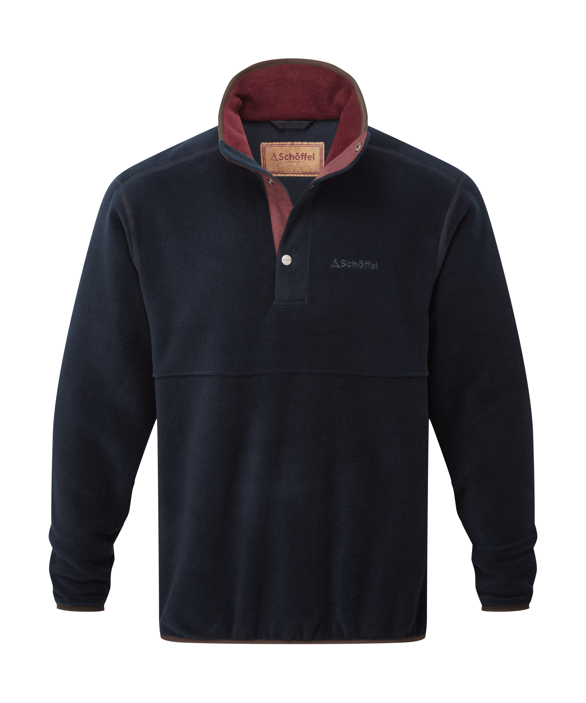 Schöffel men's zip-up fleece jacket in navy with a burgundy contrast collar lining and embroidered logo detail